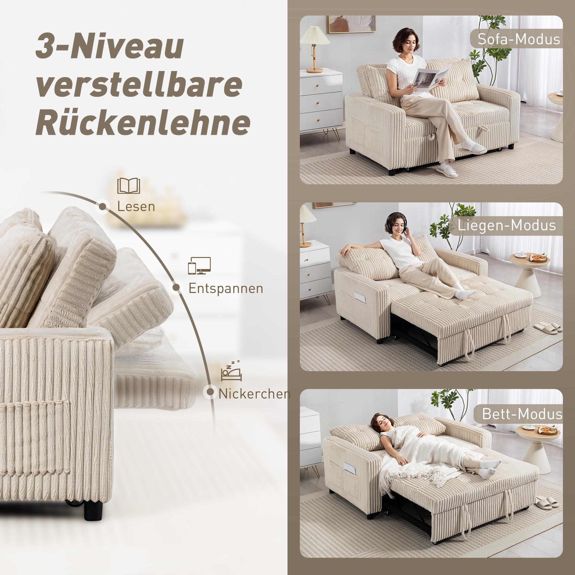 HOMCOM Schlafsofa 2-Sitzer Sofa 157 x 190 cm mit Schlaffunktion Cremeweiß