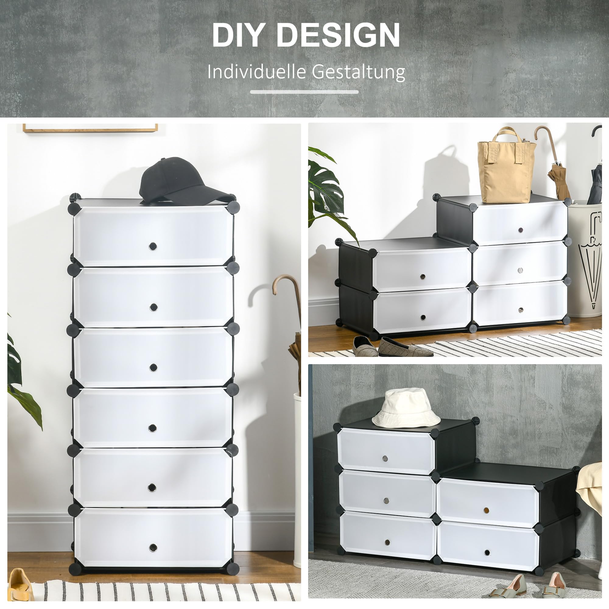 HOMCOM Schuhboxen 6er Set Schuhkarton stapelbar DIY Schuhorganizer Schuhaufbewahrung Aufbewahrungsboxen Schuhschrank Regalsystem mit transparent Tür, für 12 Paare Schuhe, Schwarz+Weiß