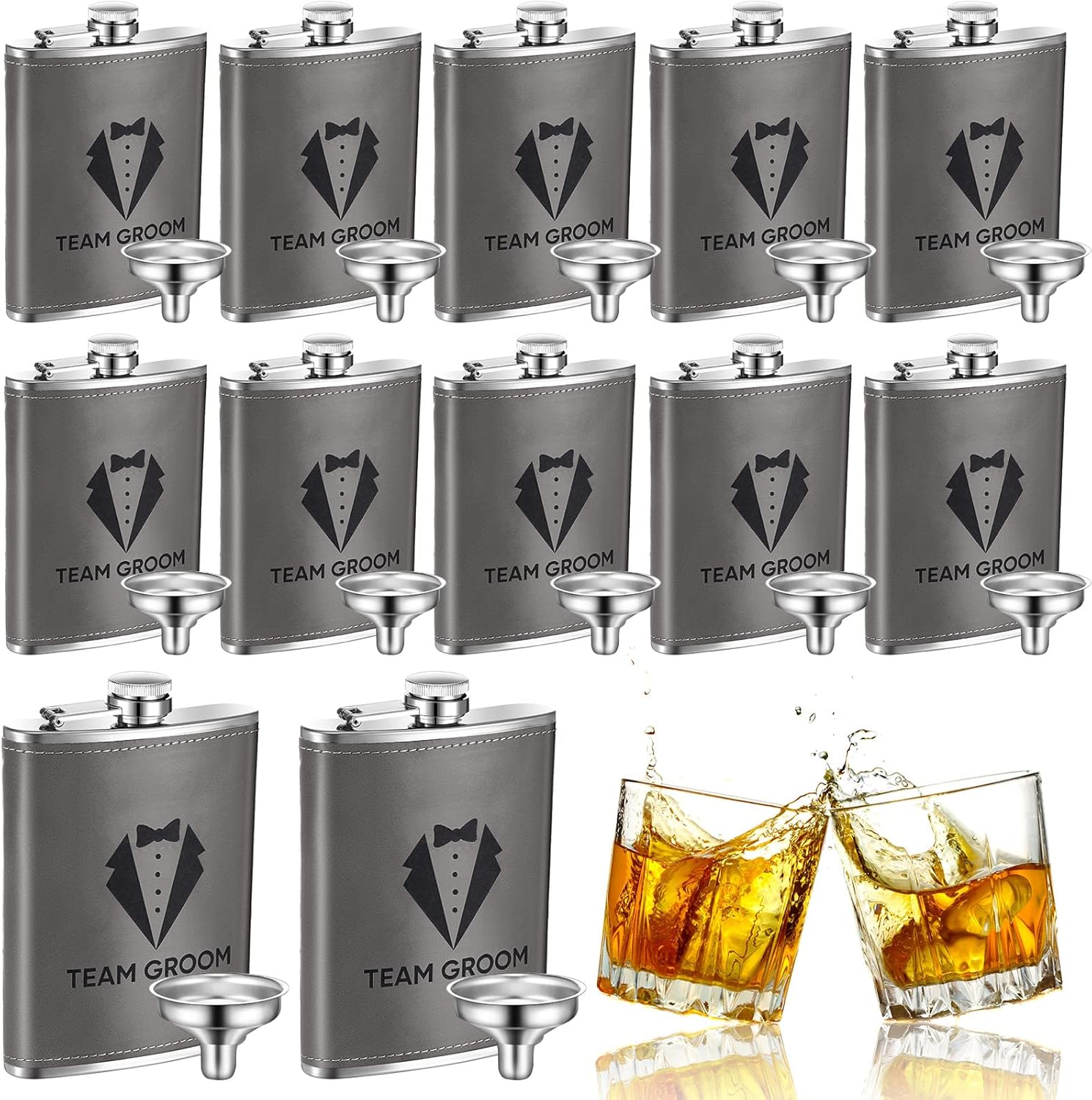 Rtteri Groomsman Flasks Set of 12 Personalized Groomsmen Gifts for Wedding, 8 oz Stainless Steel Leather Hip Flask Drinking Bachelor Groomsman Proposal Party Favors, Gray