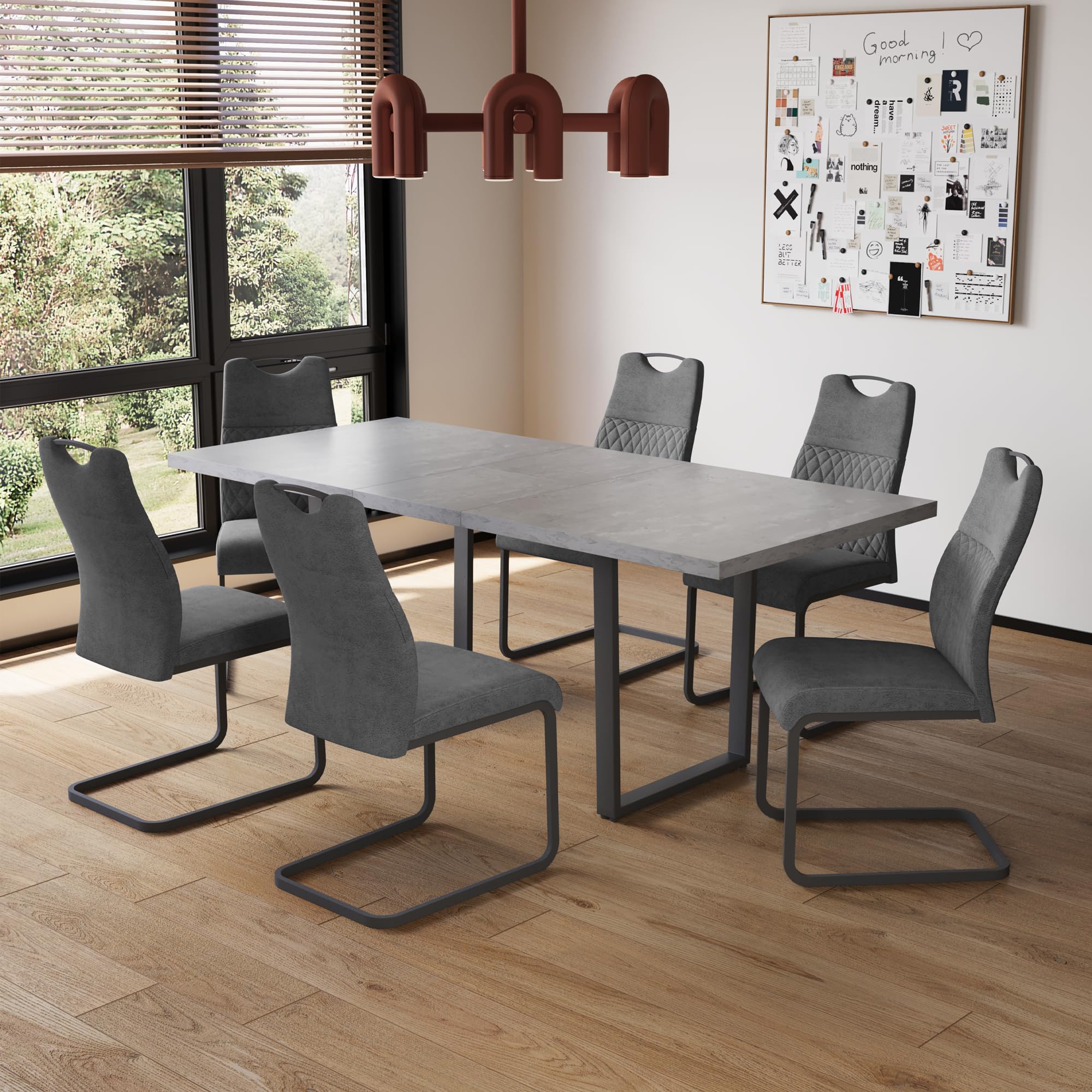 JIEXI - Mesa Extensible de Comedor MDF, 4 – 6 Personas de Cocina de Madera con Estructura metálica para Comedor, Cocina (130-170 cm Mesa de Comedor + 6 sillas Grises - A)