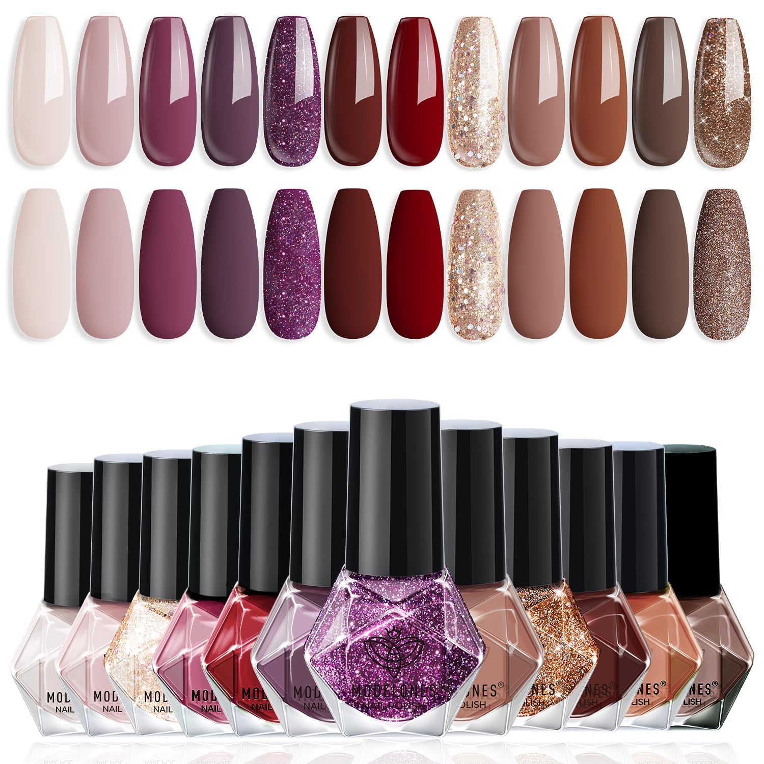 modelones Nail Polish Set 12 Colors Burgundy Red New Year 2025 Nail Polish Set Champagne Gold Glitter Dark