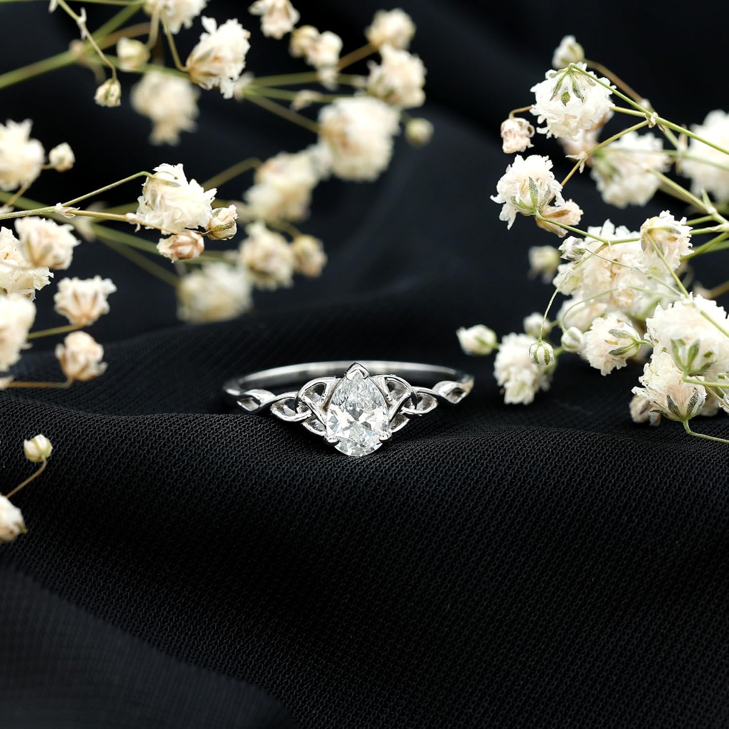 Certified 5X7mm Moissanite Pear Shape Engagement Ring For Her, D-Vs1 Quality, Moissanite Celtic Ring - Gift Box Included