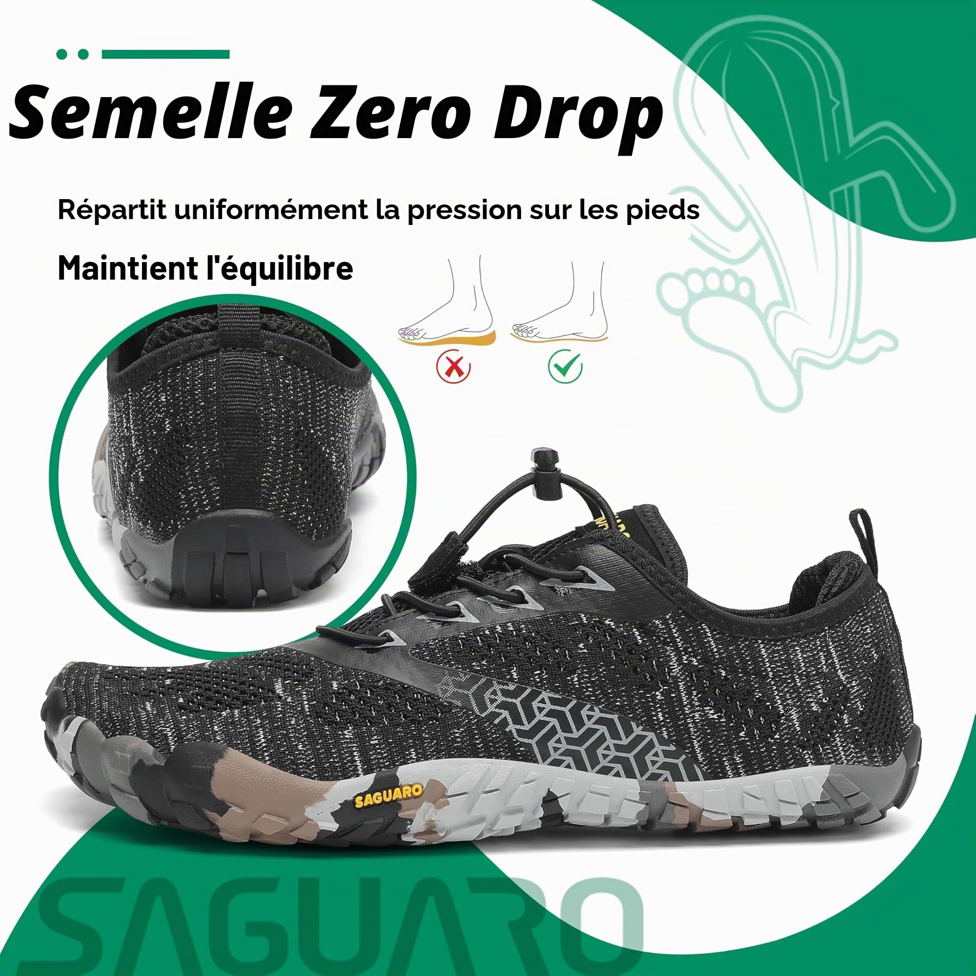 SAGUARO Chaussure Minimaliste Homme Femme Chaussure Plage de Marche Randonne Courses Trail Running Chaussures Barefoot Barefoot Chaussures Aquatiques, Noir d'encre, 42 EU