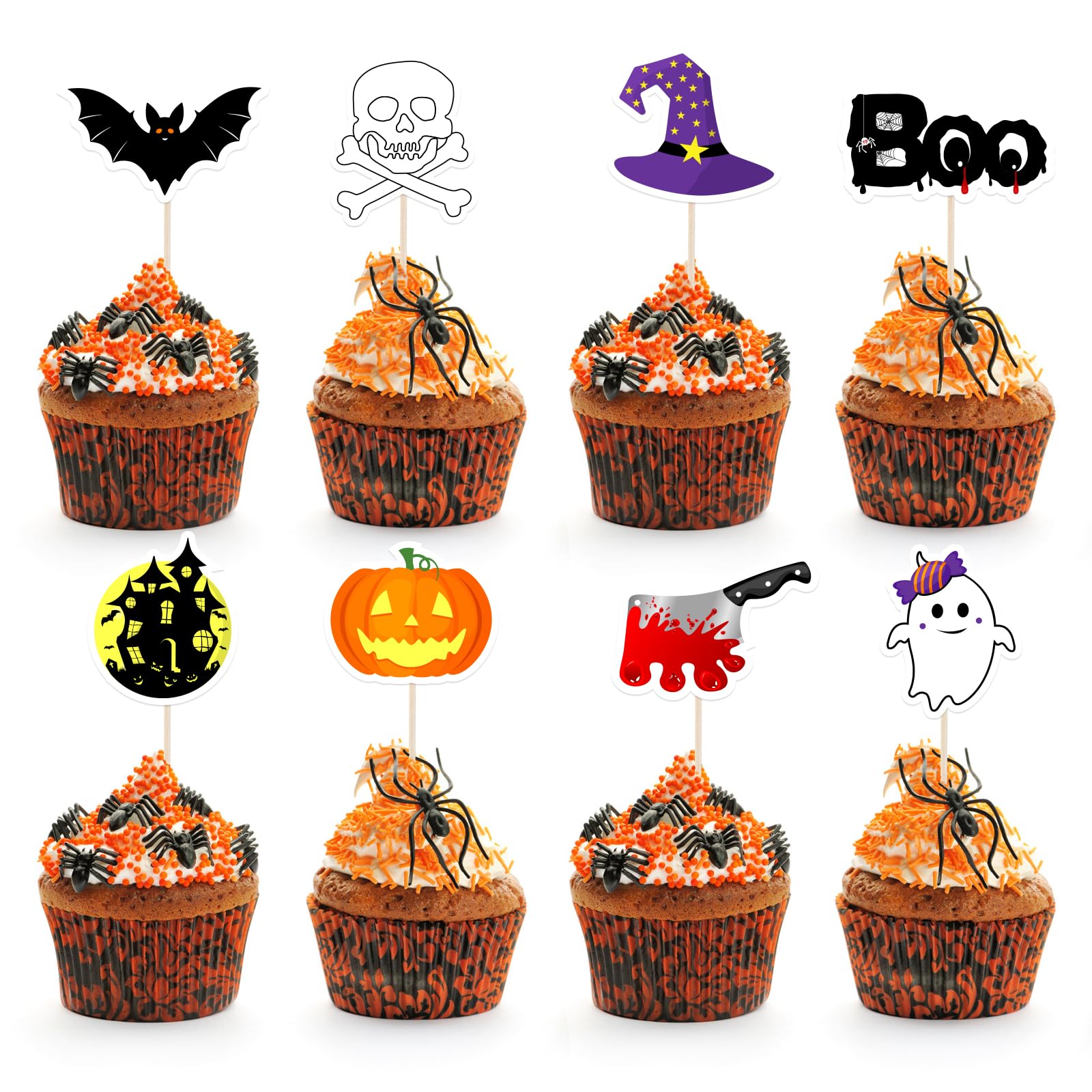 50 Pics Décoratifs Halloween Pour Cupcakes - Citrouille, Chauve-souris, Fantôme, En Plastique Pour Fête