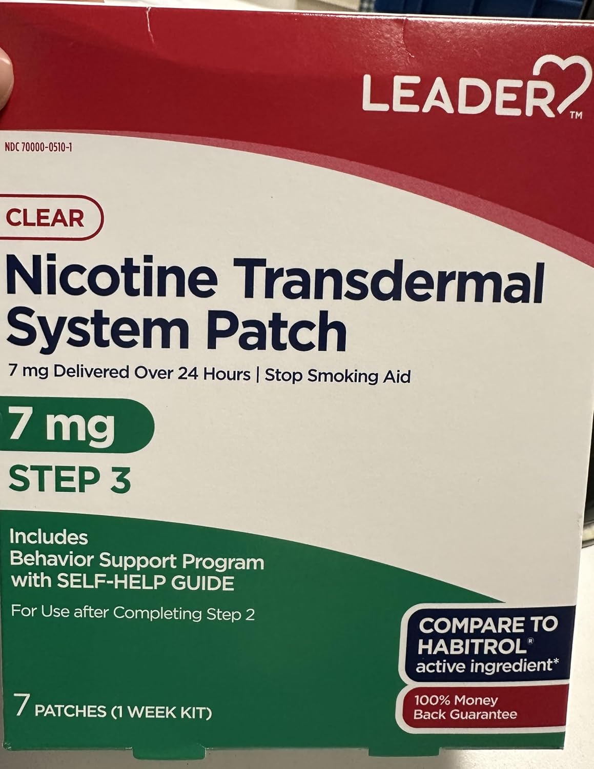 LEADER Nicotine Patch Stop Smoking Aid, Step 3 7 mg, Nicotine Transdermal System, 7 Count