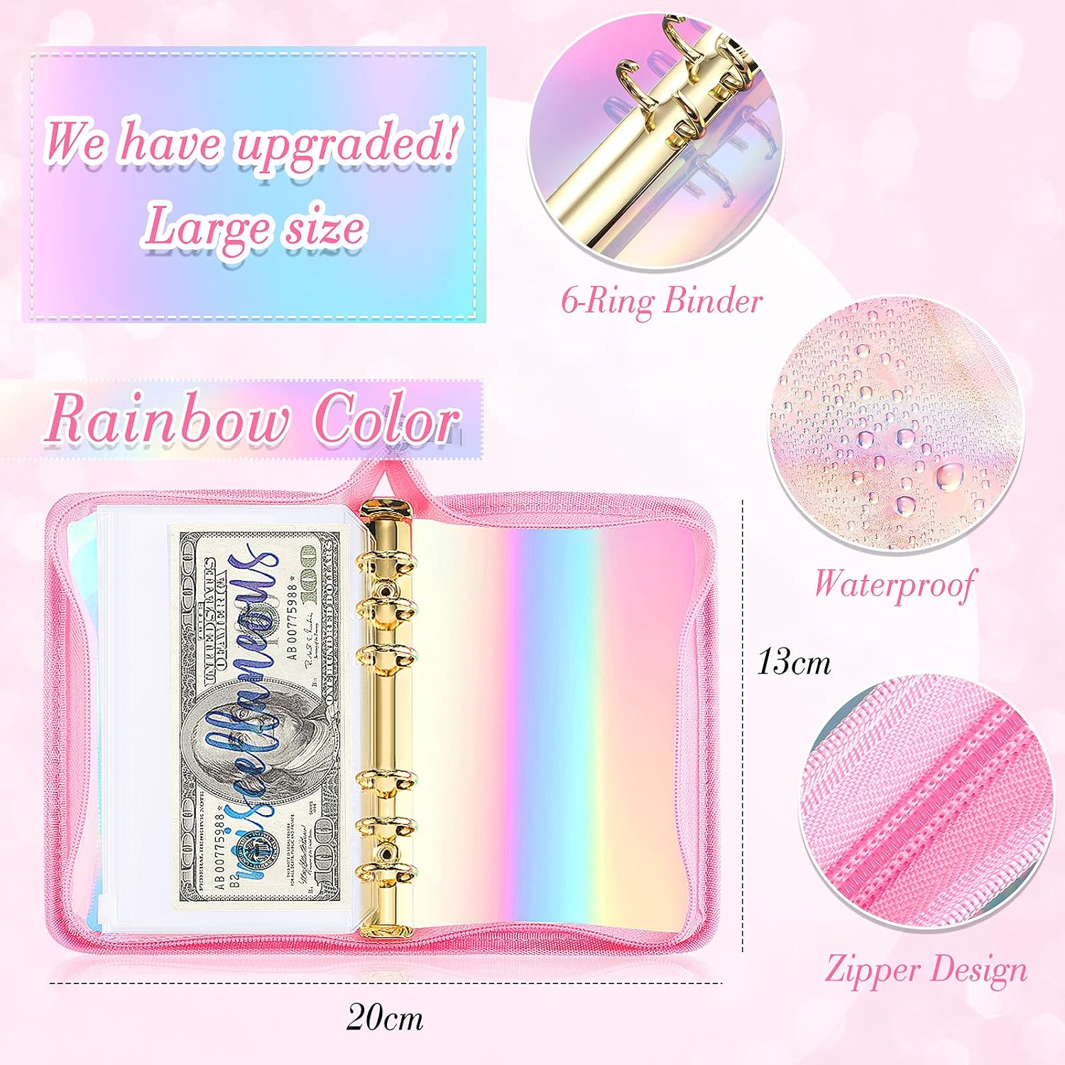 13 Pieces Rainbow Soft PVC Notebook Cover Binder Budget Envelopes System Budget Planner Organizer 6-Ring Binder Cover with Binder Zipper Pockets Binder Zipper Folder (Laser Pink,A6)