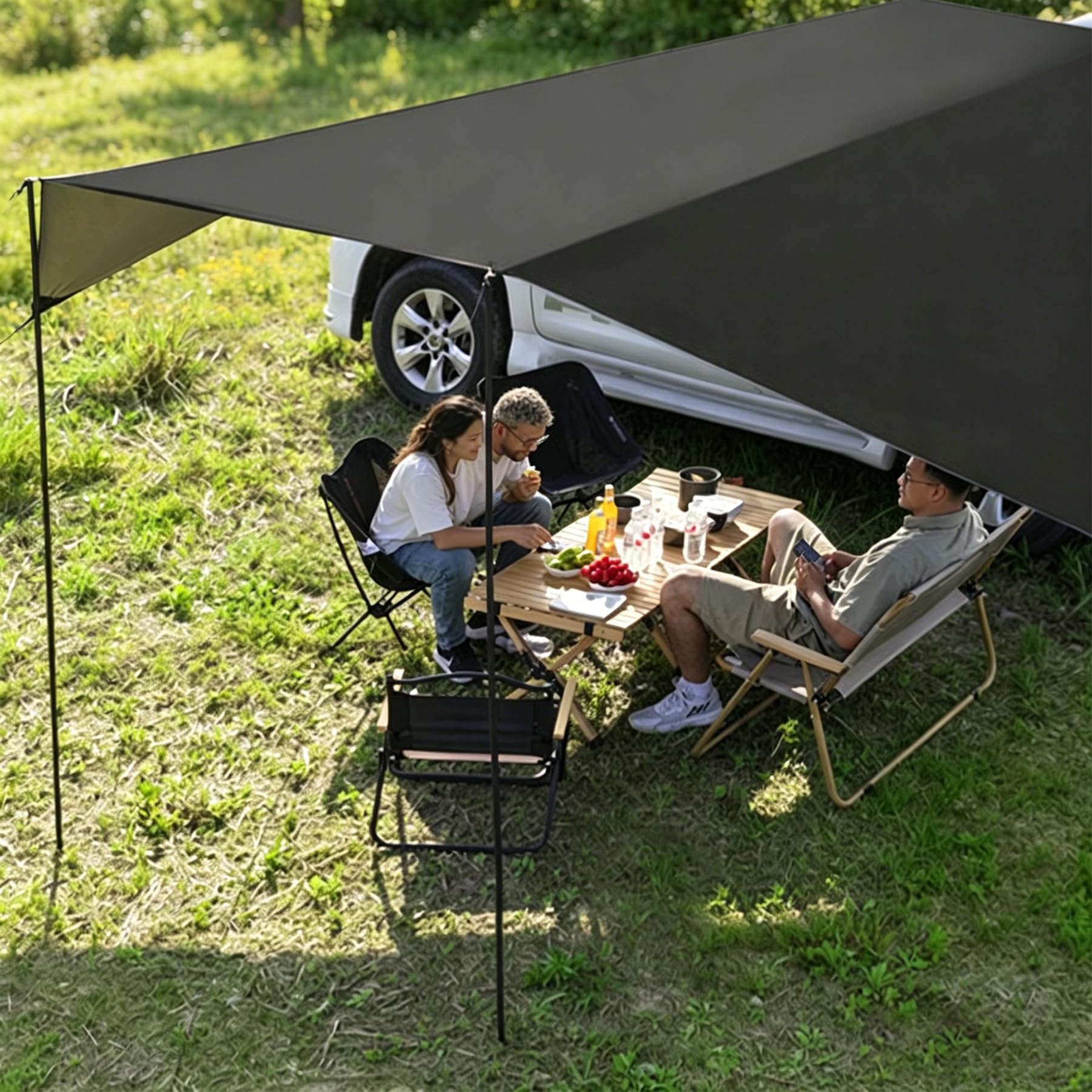 Schwarze Farbe Auto UV-Schutz Tarp, 280×380cm Silberne Beschichtung Vorzelt für SUV Seitentür und Hintertür, Wohnmobil-Markise Haben Zeltseile, Zeltnägel, Saugnapf, Aufbewahrungstasche