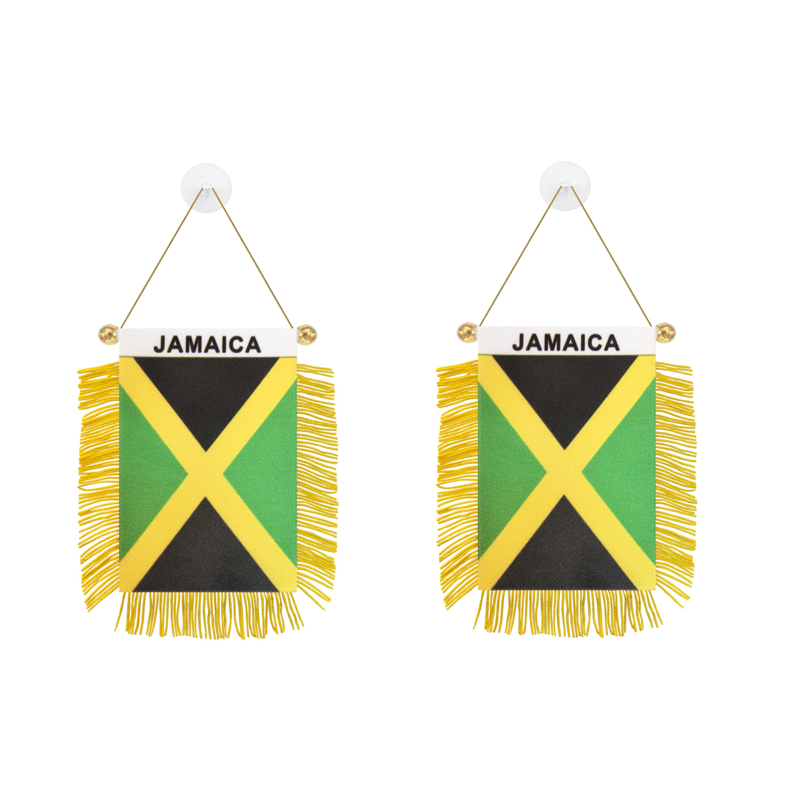 Rotenl 2 Pack Jamaica Window Small Mini Hanging Flag, 3 X 5 Inch Jamaican Car Flag Banner with Golden Fringy Tassel and Suction Cup, Wall, Door and Rearview Mirror Decor (Jamaica)