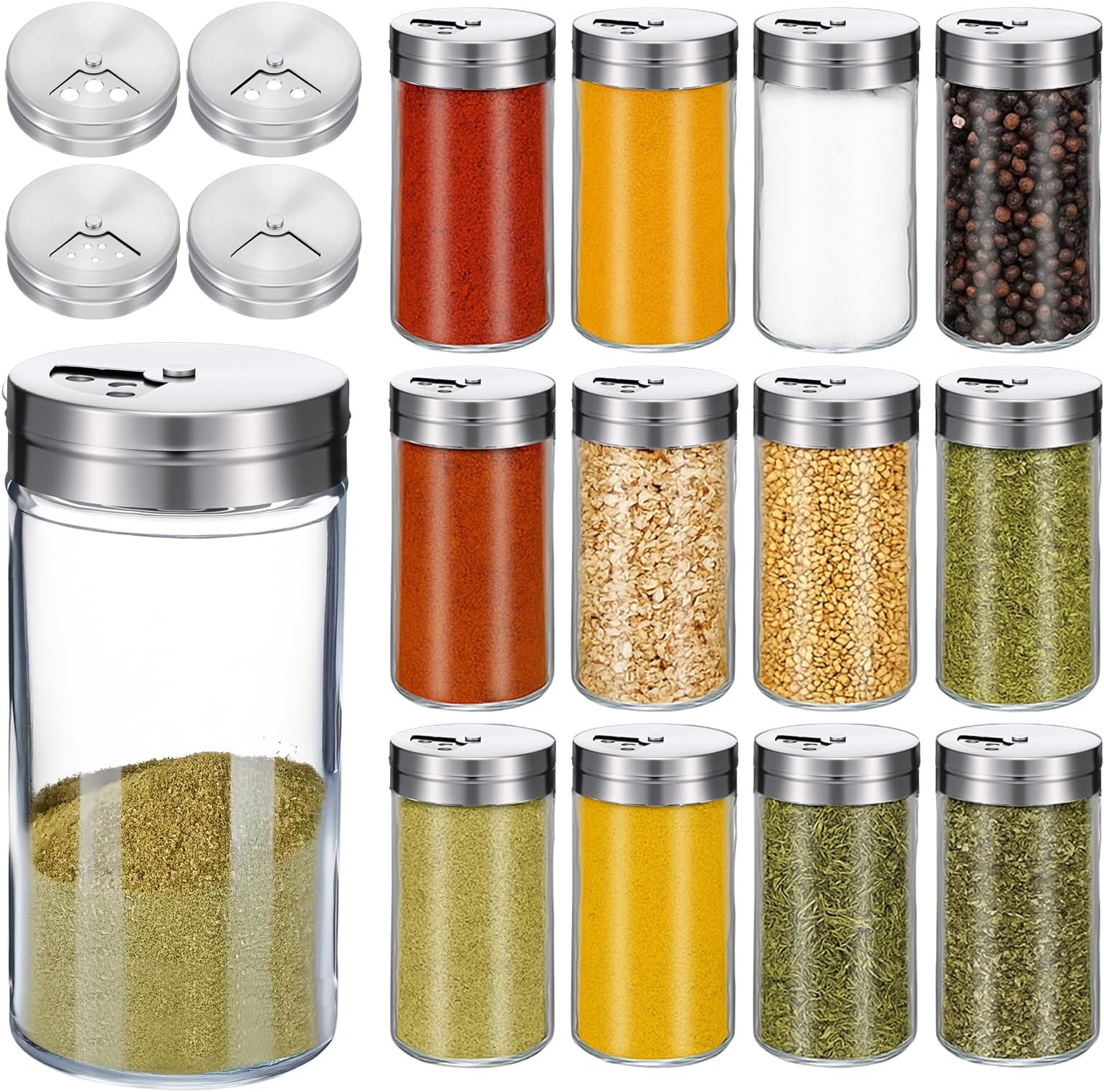 12-Pack 4 oz Salt and Pepper Shakers with Adjustable Pour Holes – Glass Spice Jars with Stainless Steel Lids – Clear Seasoning Containers for Kitchen, Dining, and Camping (1.85” x 3.94”)