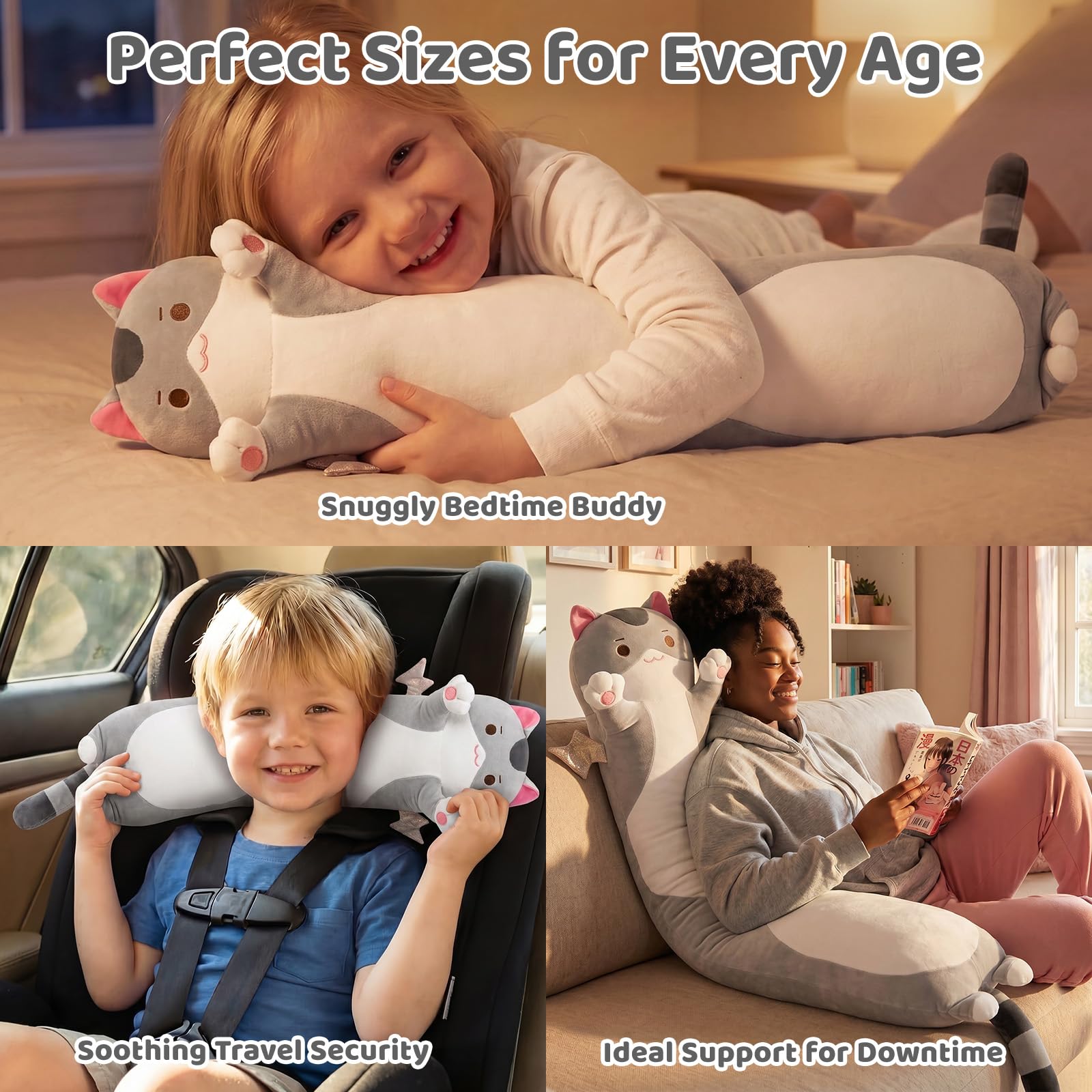 Mewaii Carino Gatto in Peluche Cuscino lungo Cuscino Animale Bambola Giocattoli Kawaii Soffici Comfort Cuscino in Peluche per Regalo per Bambini dai 3 anni in su, 50 cm, Gatto Grigio)