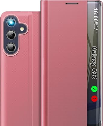 Phone Case for Samsung Galaxy A36 5G Case, Clear View Window Luxury Slim Mirror Galaxy A36 5G Case with Kickstand, Leather Hard PC Flip Shockproof Protective Cover for Samsung A36 5G Case Pink