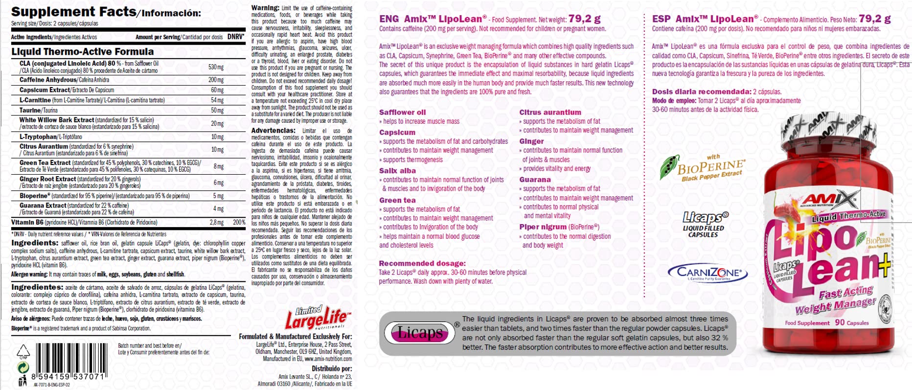 AMIX - Suplemento Alimenticio - LipoLean en Formato de 90 Cápsulas - Contiene Cafeína y BioPerine - Ayuda a Controlar el Peso - Aumento de la Masa Muscular Libre de Grasa