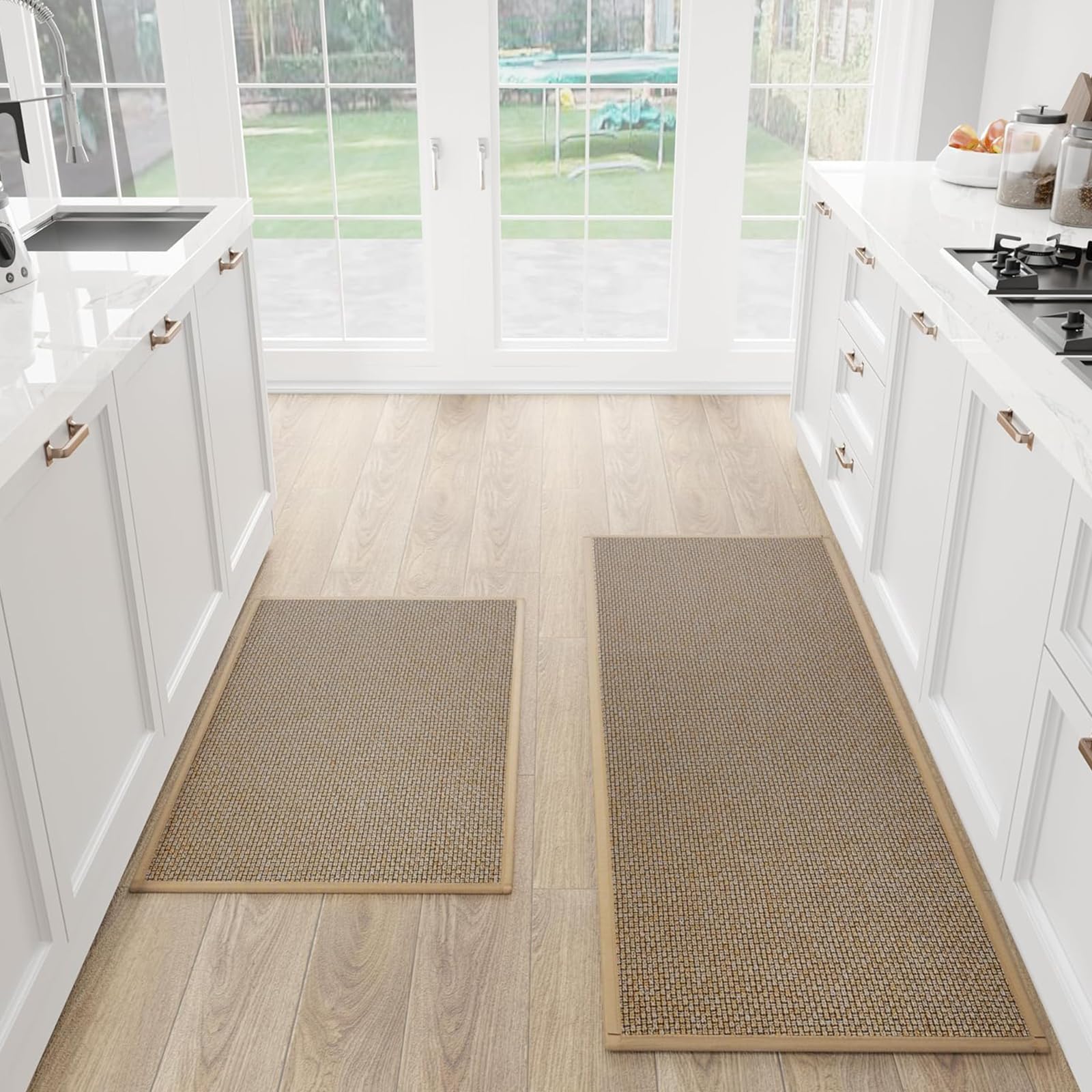 Refein Kitchen Rug Mat Sets, 2 Pieces Rubber Backed Long Floor Mats Non Slip Washable Carpet Runner Rugs for Hallway Dining Room and Entrance, 44x75cm+44x120cm (Beige)