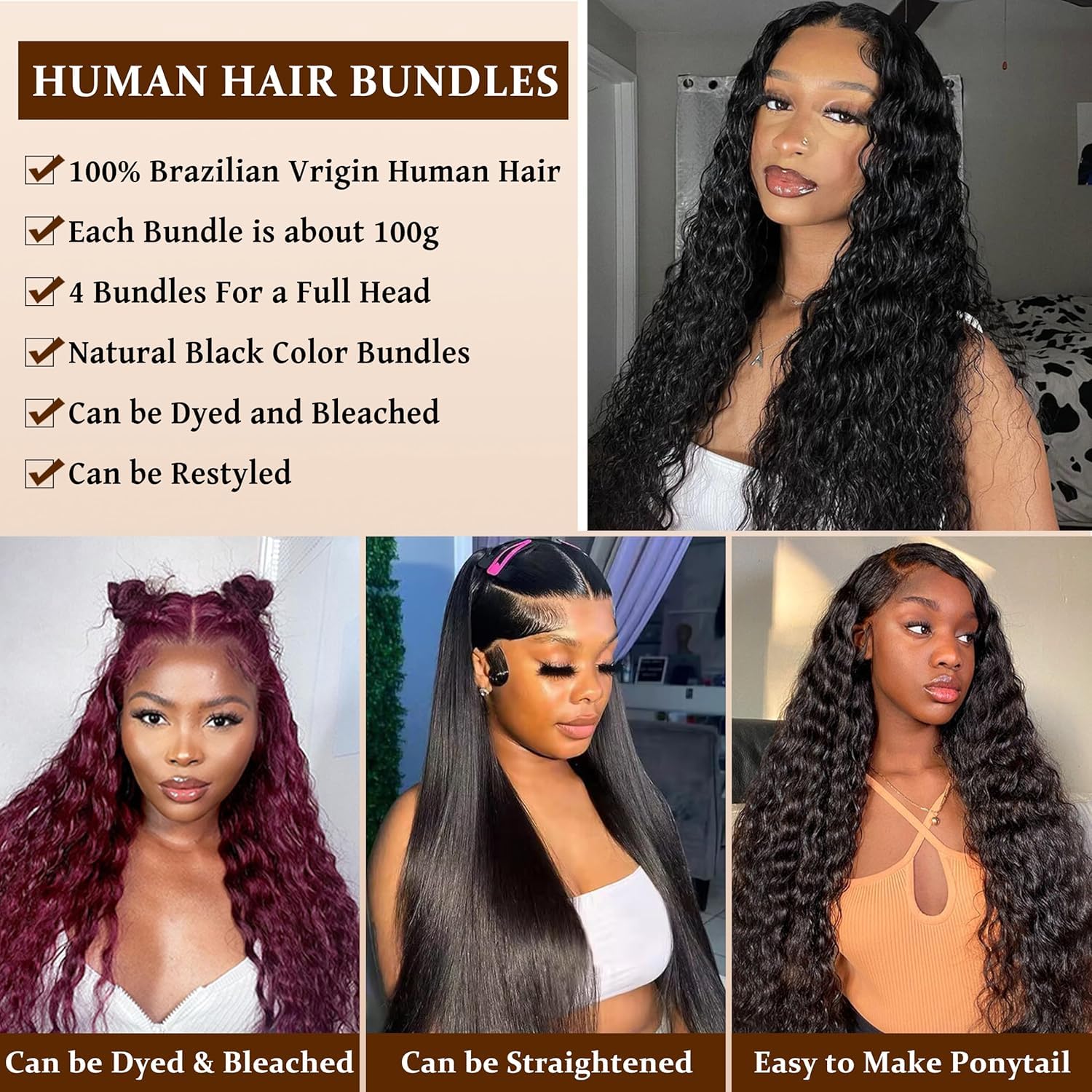 Deep Wave Bundles Human Hair 16 18 20 22 Inch 100% Unprocessed Virgin Hair Natural Wave 4 Bundles Human Hair Quick Weave Water Curly Hair Extensions