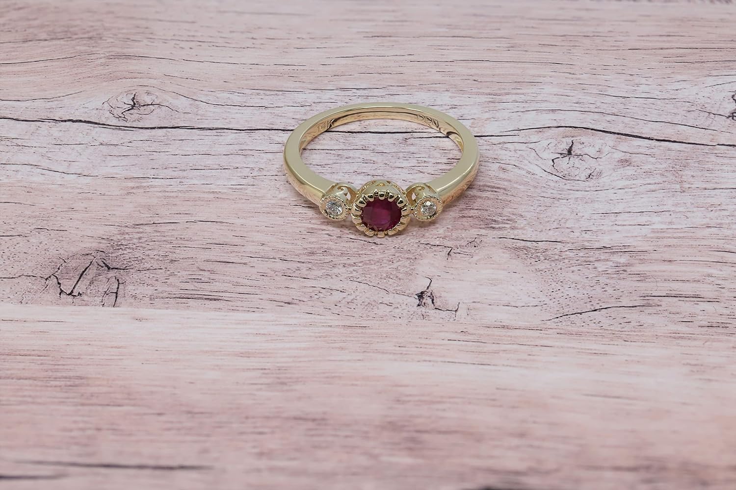 14K Yellow Gold Genuine Ruby 3/8 Ct Round, Diamond Band Ring Size 7