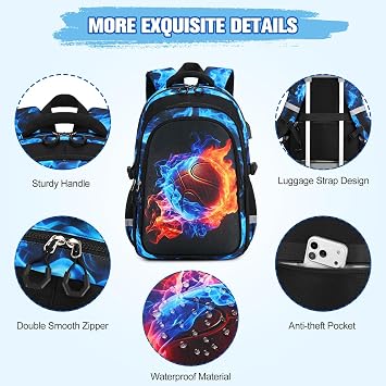 Backpack for Boys, 4PCS Cool Flame School Bags