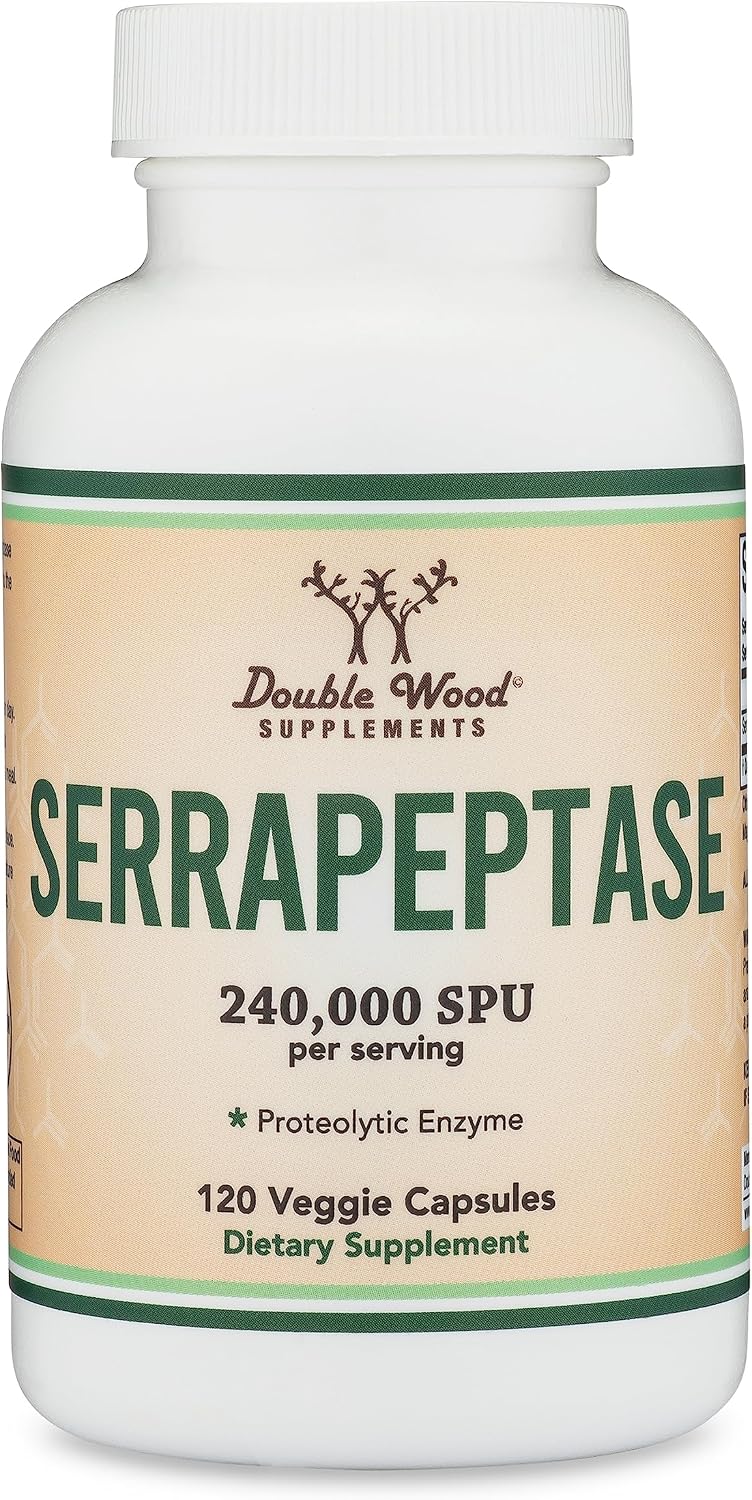 Serrapeptase 240,000 SPU Max Potency (120 Veggie Capsules) Proteolytic Enzyme for Sinus, Respiratory and Joint Health (Manufactured and Tested in The USA, Gluten Free, Vegetarian Safe) by Double Wood