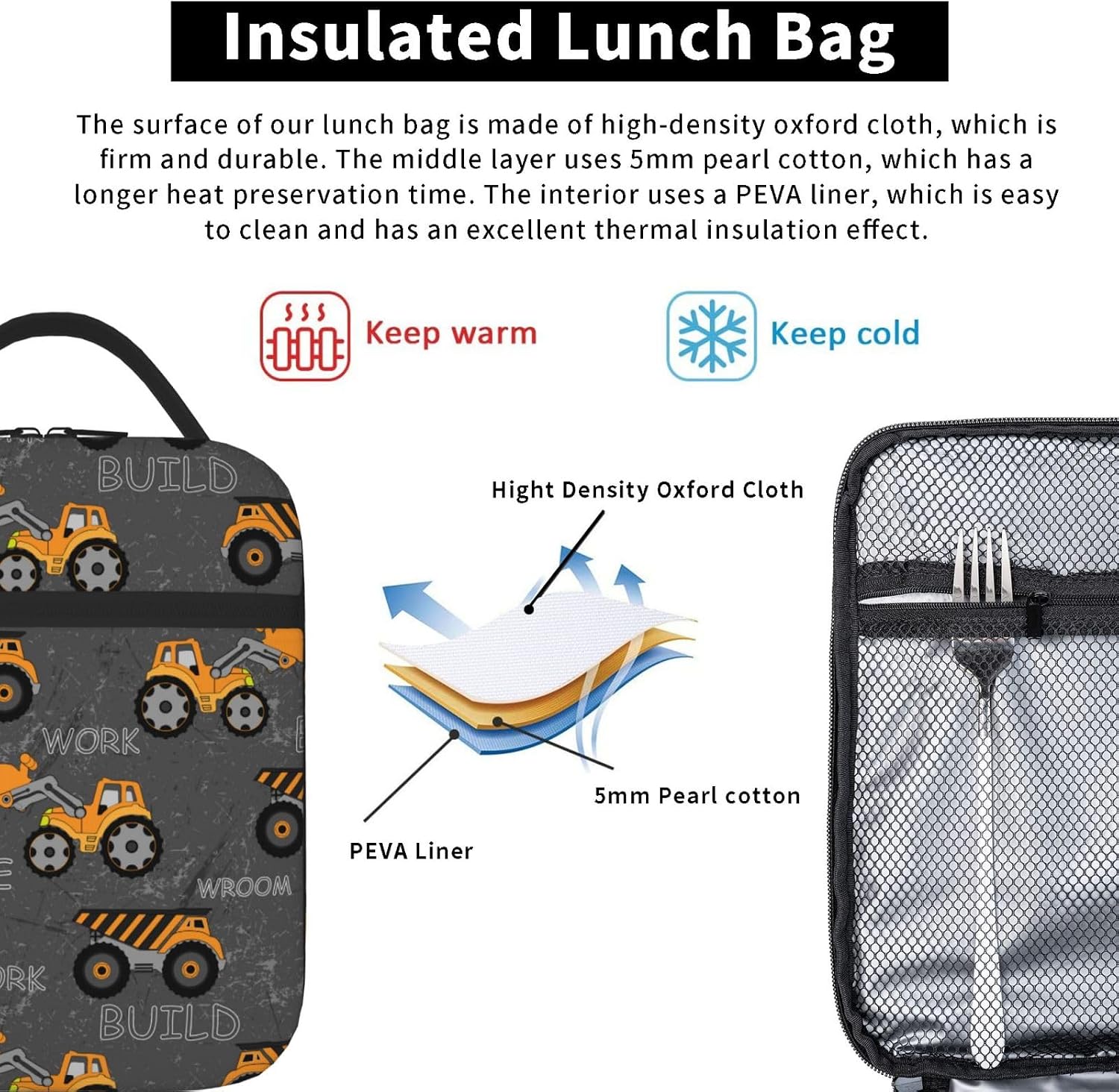 Truck Insulated Lunch Bag Kids Reusable