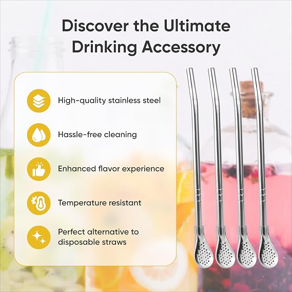Yerba Mate Straw - Bombilla Mate Reusable - Metal Spoon Straws for Cocktail, Coffee, Drinking - Stainless Steel Drinking Straw Spoon Tea Filter, 4 Pcs