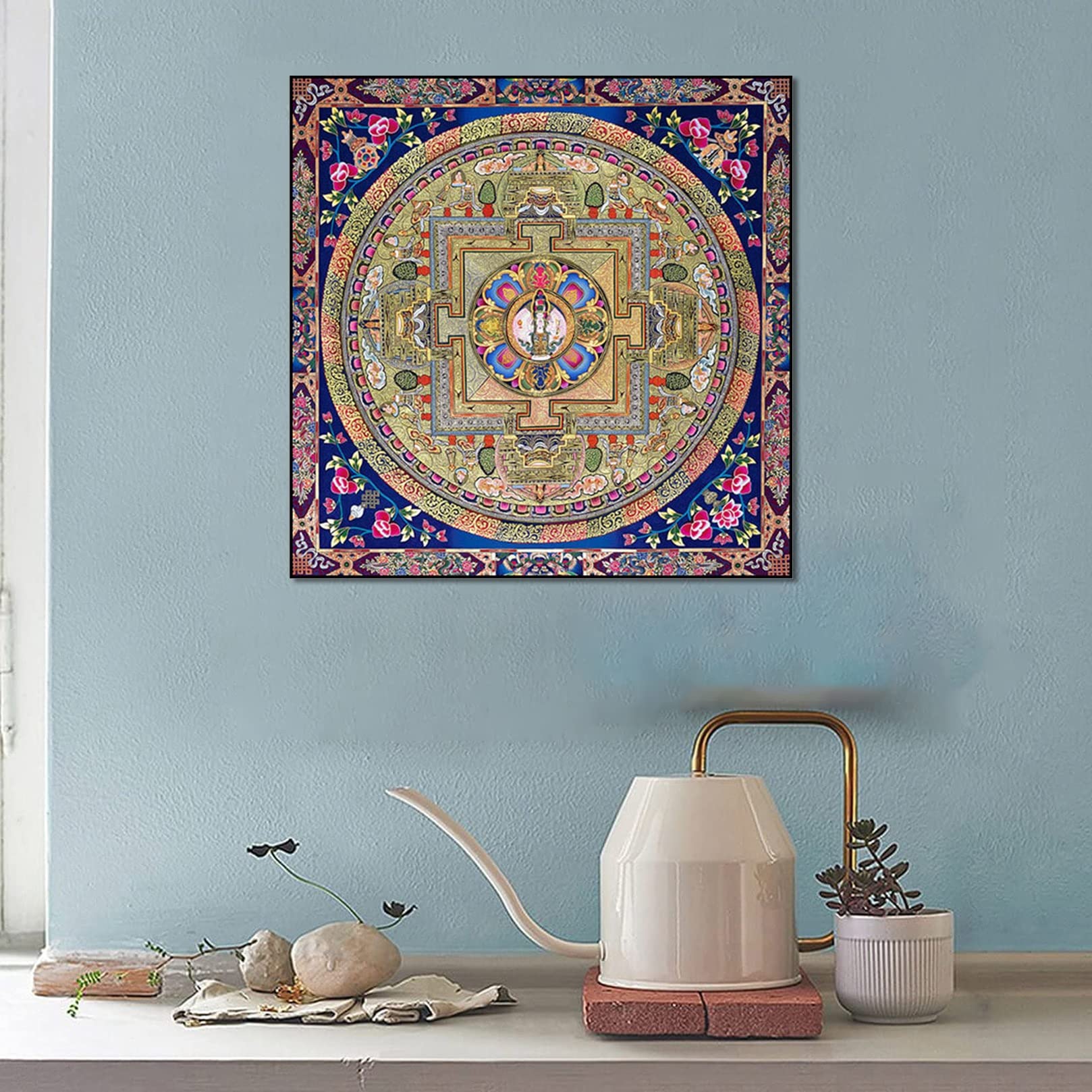 Pittura tibetana Thangka Fatta a Mano, Pittura murale Thangka Ricamata in Seta del Tibet con Kit Cornice Simboli di Buon auspicio Pittura Thangka Ricamata(50x50cm)