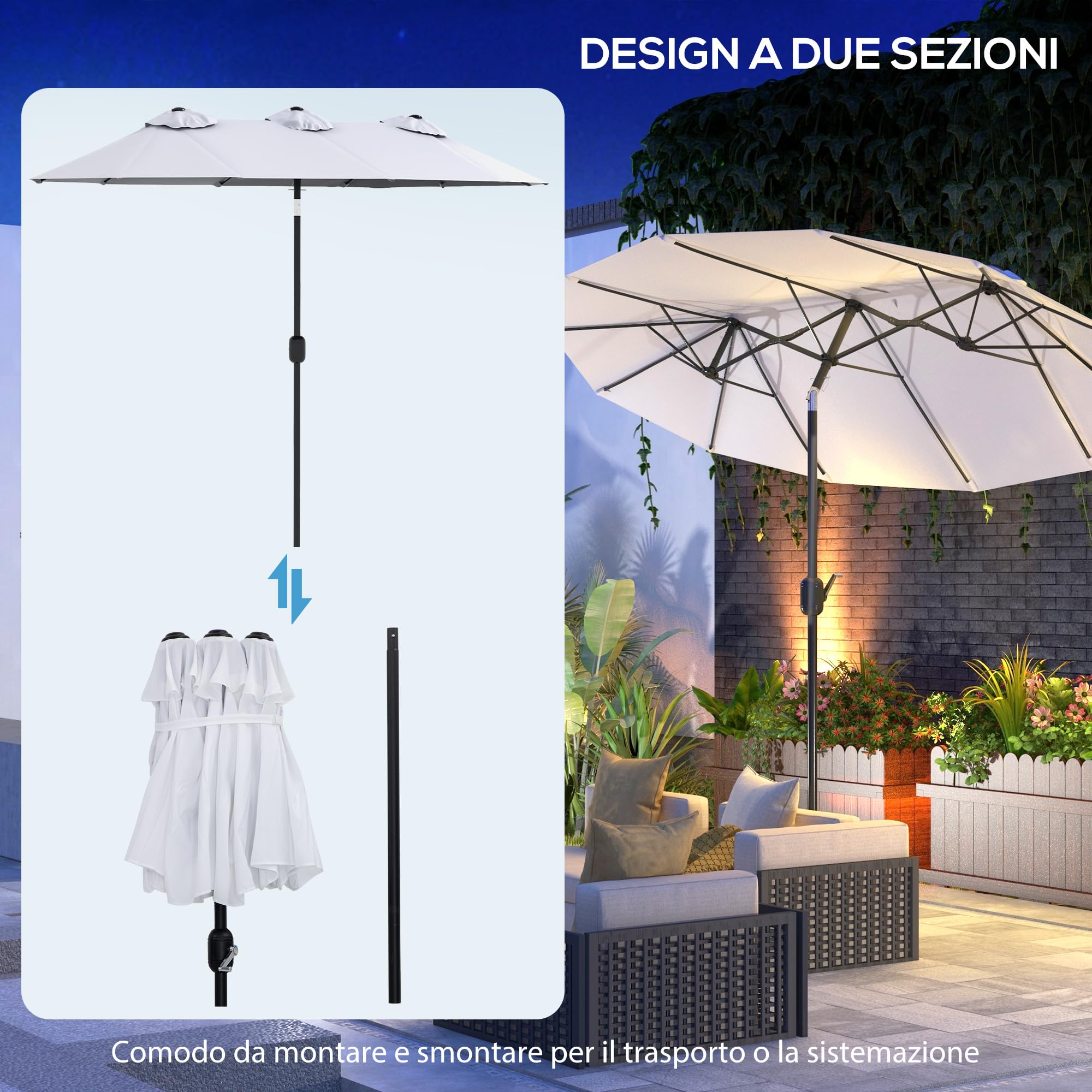 Outsunny Ombrellone da Giardino Doppio Inclinabile a 45° con Manovella e 3 Prese d'Aria, Ombrellone da Esterno in Acciaio e Poliestere, 295x152x222 cm