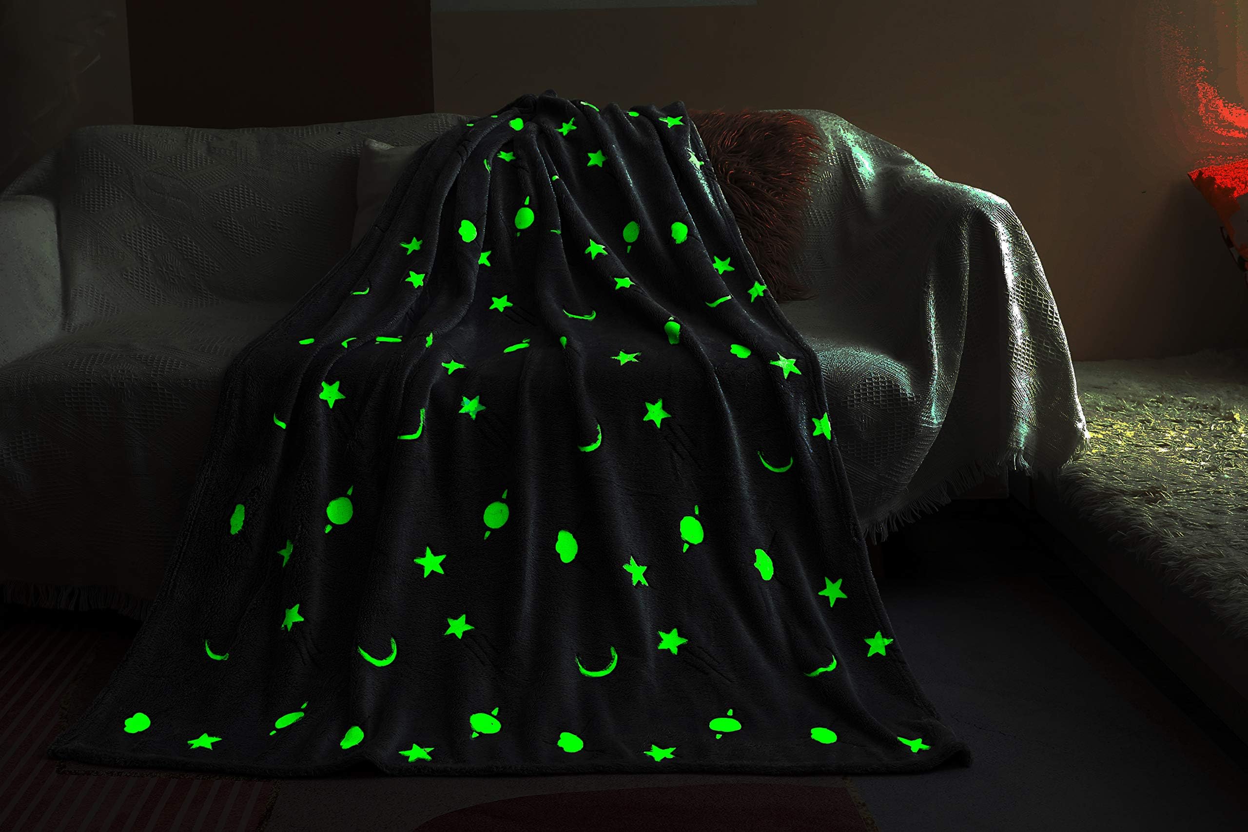Talever Glow in The Dark Throw Blanket with Stars, Moon, Spacecraft and Cosmic Creatures 6080 inch , Super Soft Cute Kid Blanket(Gray, 60"x80")