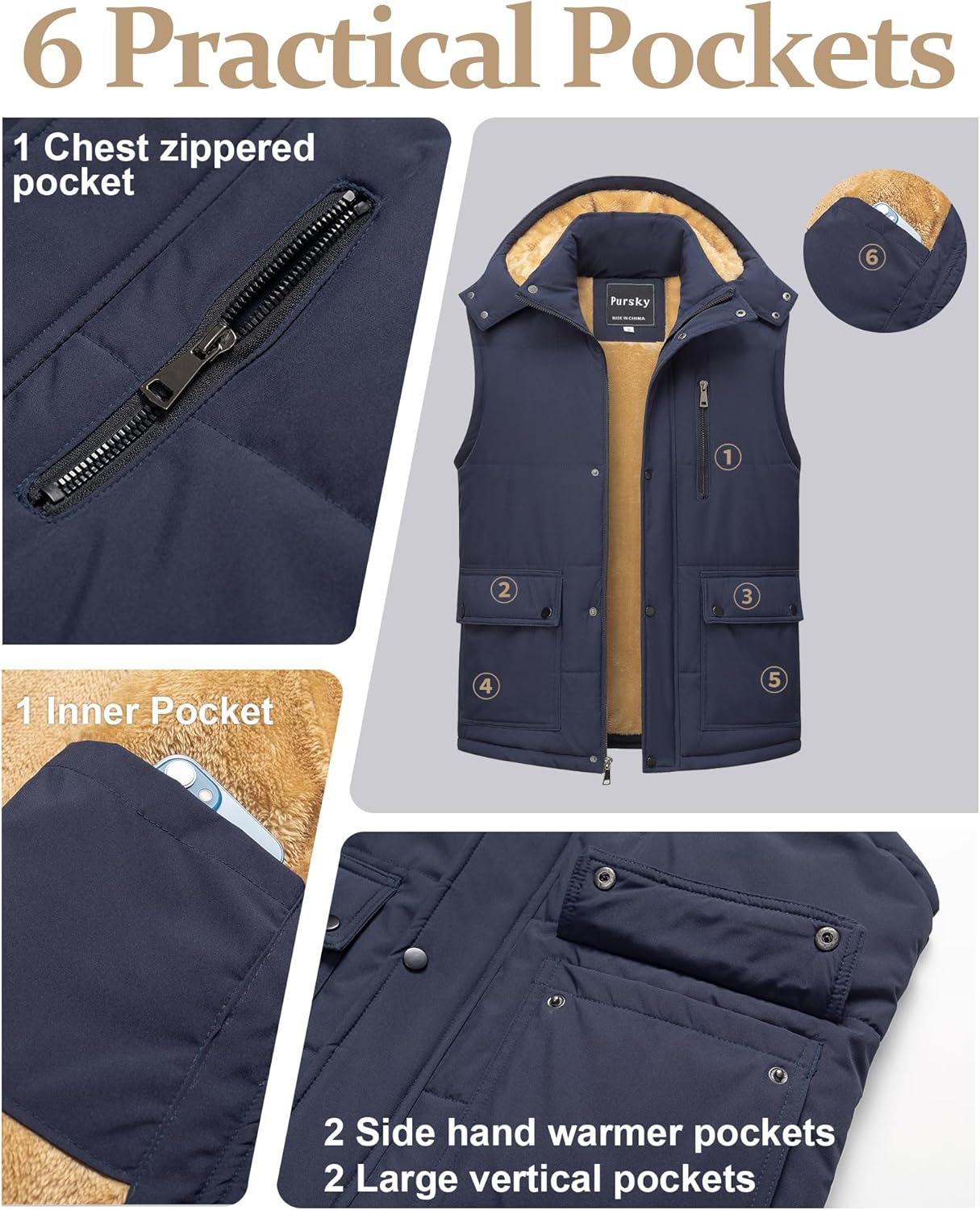 Pursky Men's Winter Puffer Vest Warm Fleece Lined Quilted Puffy Sleeveless Jacket Casual Outdoor Vests - Image 5