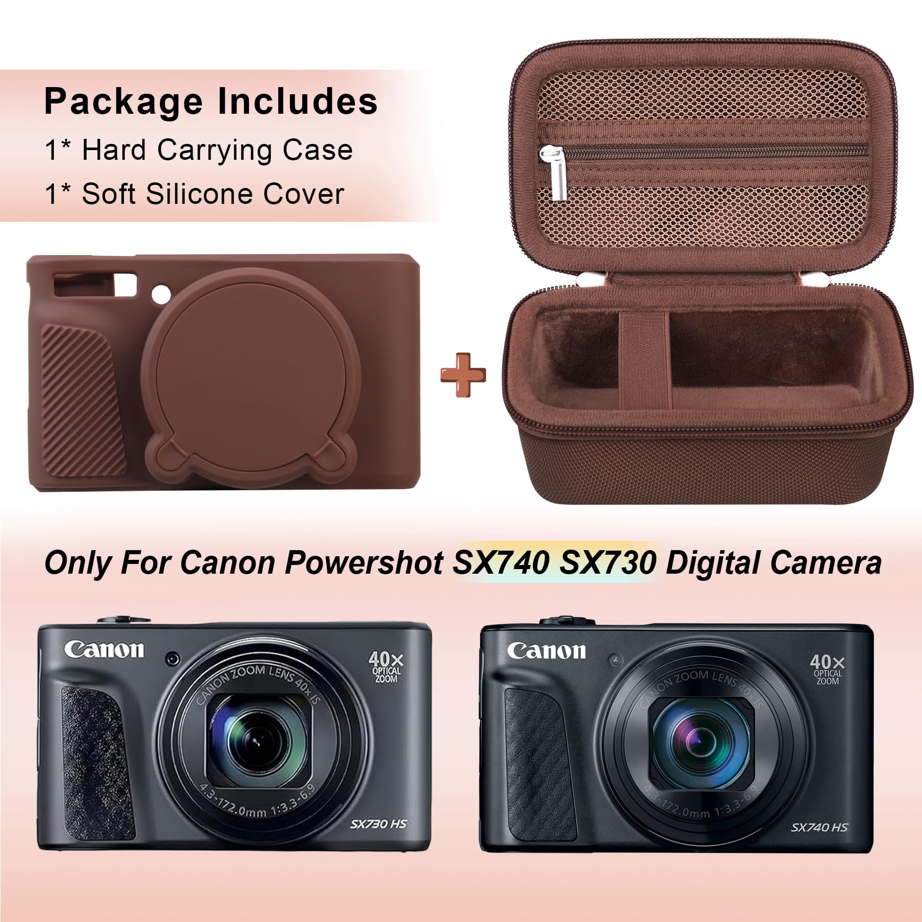 Canboc Custodia fotocamera digitale Canon PowerShot SX740 SX730 HS, custodia da trasporto dura + copertura protettiva in silicone morbido con copertura lente rimovibile, marrone