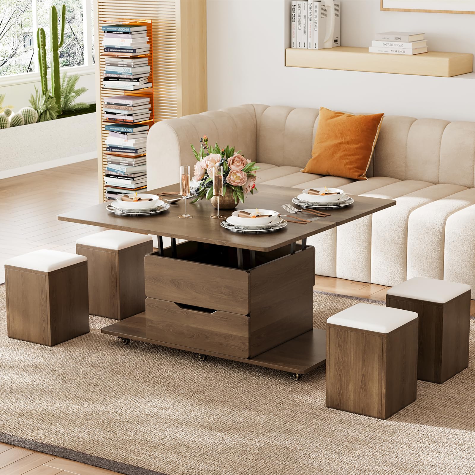 homary Lift-Top Coffee Table with Hidden Storage 3-in-1 Modern Folding Center Table with 4 Stools Casters and Lockable