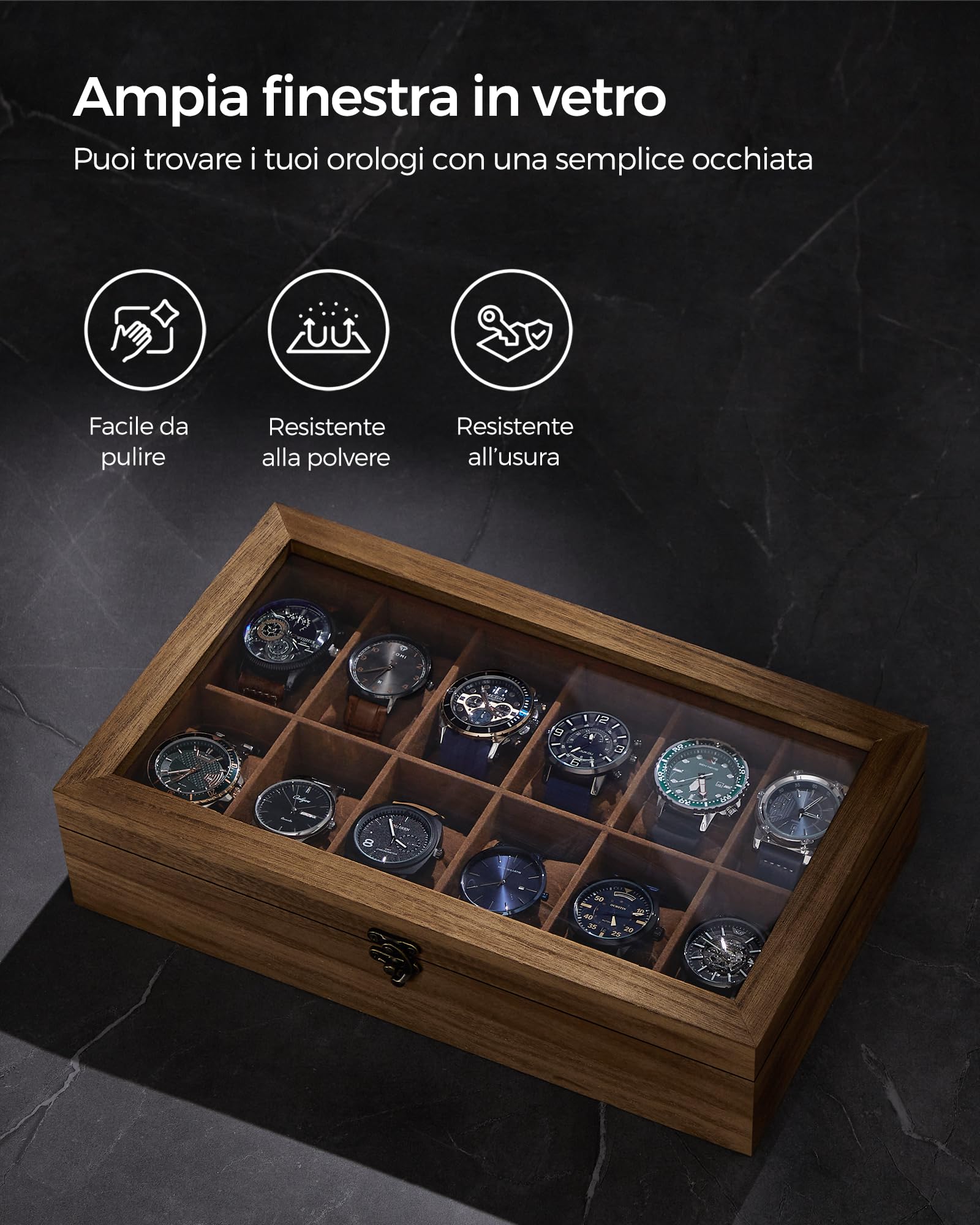 SONGMICS Scatola per Orologi, Scatola Porta Orologi a 12 Scomparti, Portaorologi in Legno con Coperchio in Vetro e Cuscinetti Rimovibili, Idea Regalo, Noce Rustico JOW120K01