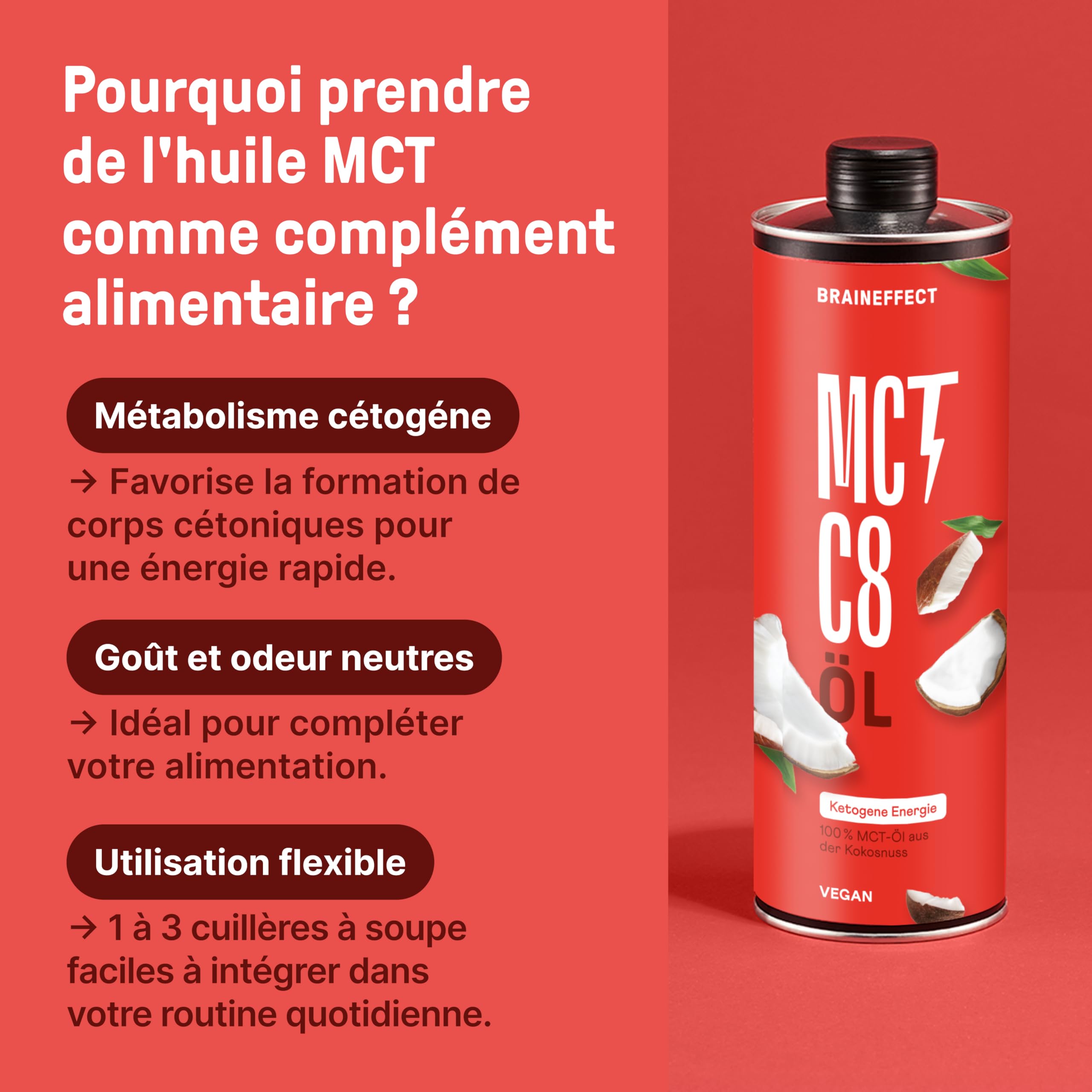 BRAINEFFECT Huile MCT 100% C8 - Qualité allemande - Huile C8 pure (sans C10) issue d'extrait de noix de coco de première qualité - 1000 ml - Bouteille métallique protectrice