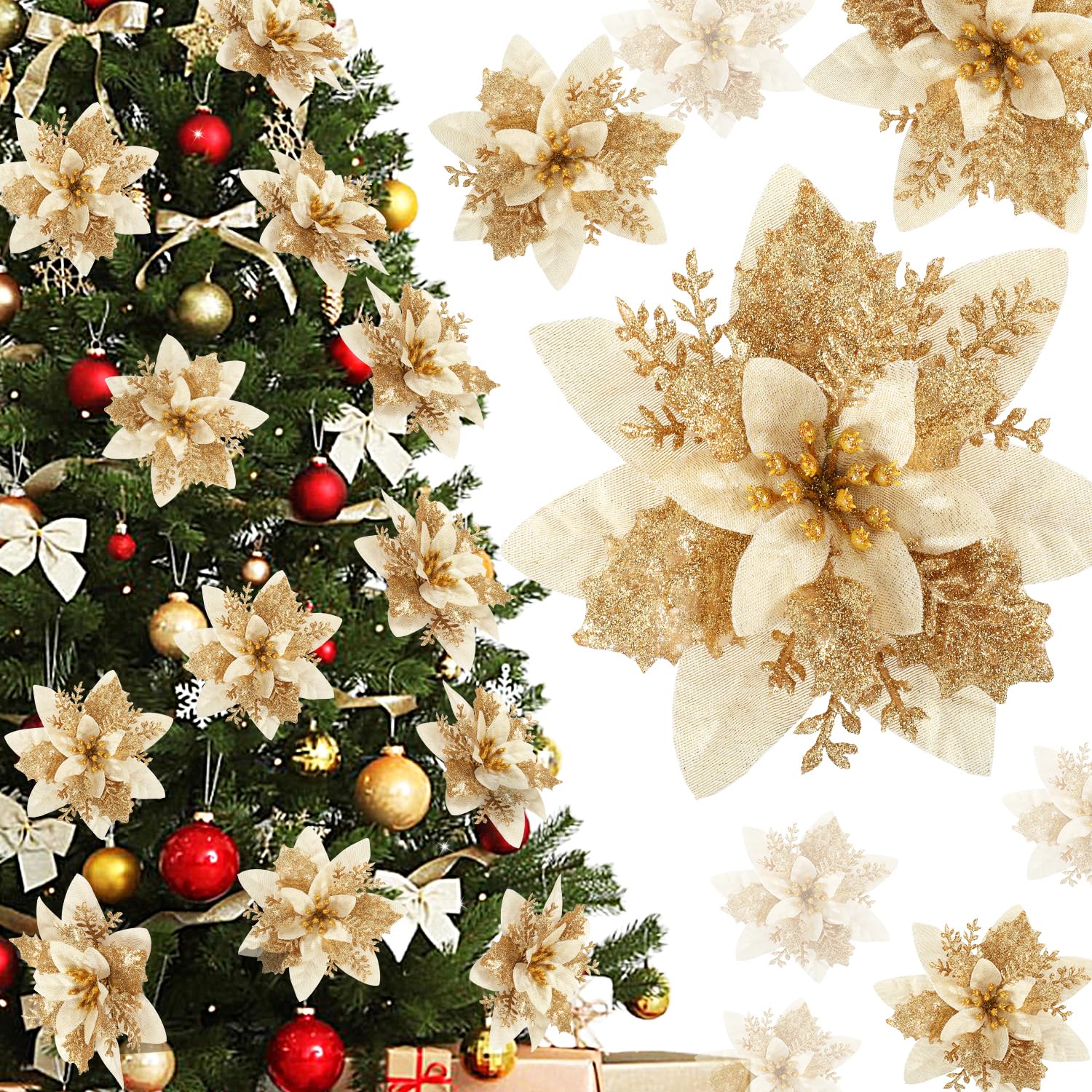 Poinsettia Christmas Flowers Decoration -12Pcs Artificial Red Gold Poinsettia Christmas Tree Ornaments Glittery for Xmas New Year Wedding Party Wreath DIY Garland Decor (Gold)