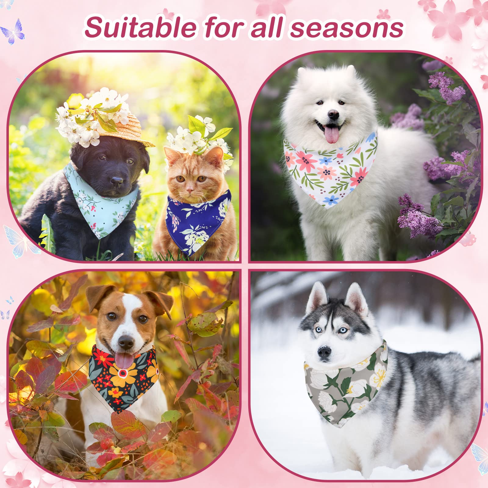 Sweetude 100 bandanas florales para perro, bufanda triangular ajustable de verano para perro, disfraz lavable para perro, gato, elegante babero para mascotas pequeñas a medianas