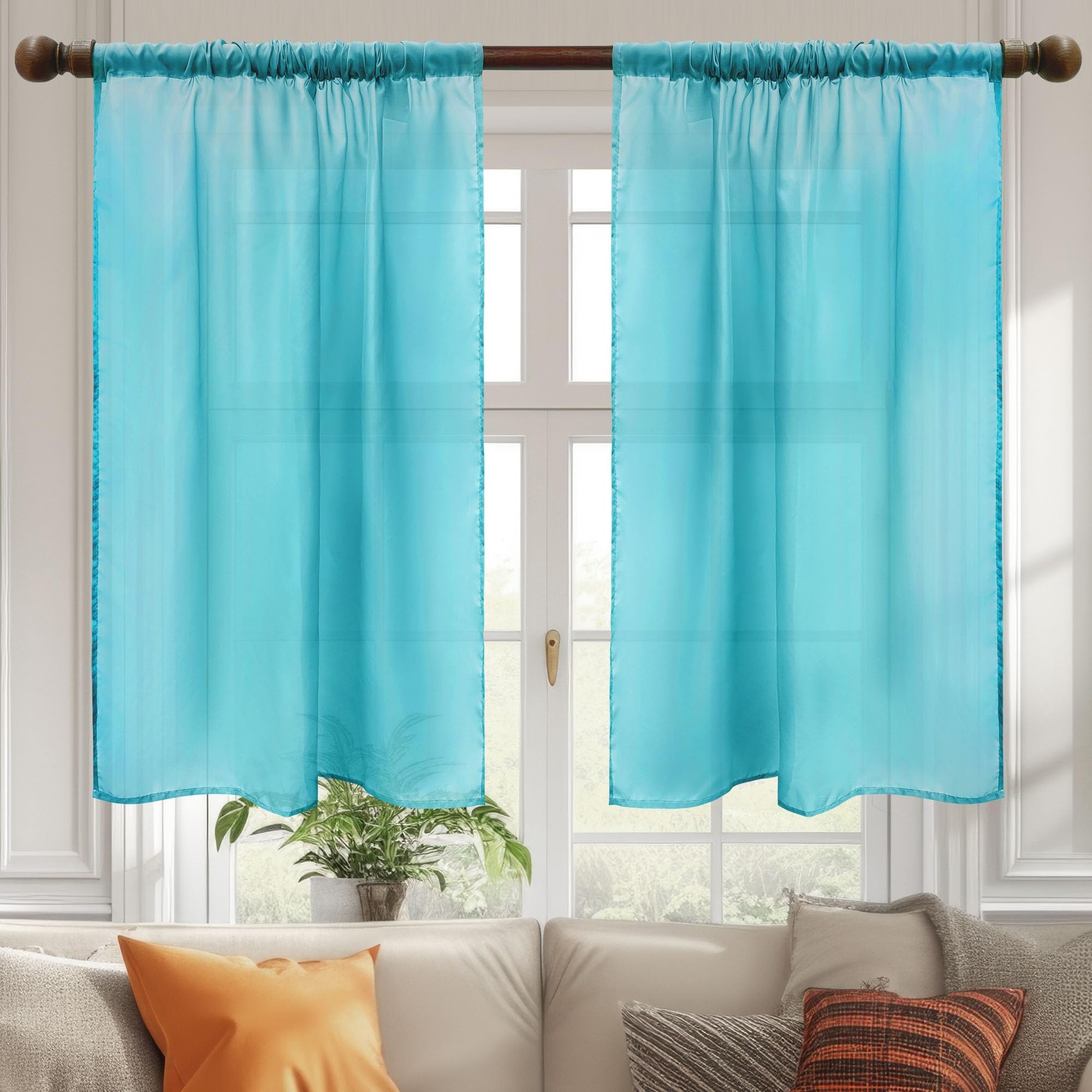 Sheer Curtains 2 Panels– Voile & Tulle Curtains for Living Room Windows, 29" W x 36" L Lightweight Transparent Decorative Sheer Panels, Flowing Gauze for Kitchen, Bedroom, and Backdrop, Turquoise