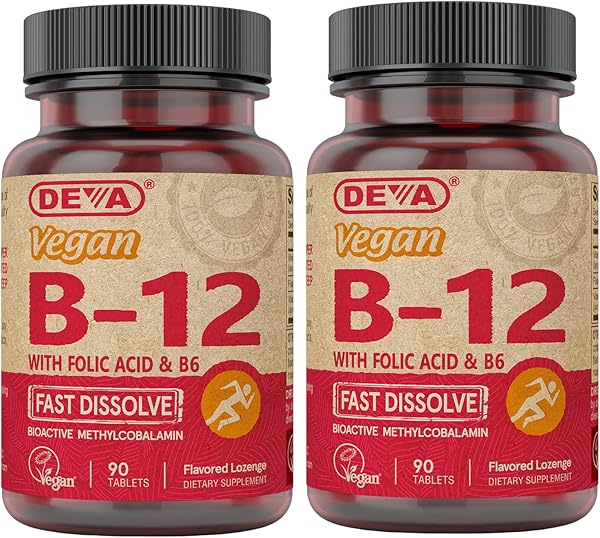 DEVA Vegan Vitamin B12 Fast Dissolve Supplement - Once-Per-Day Complex with 1000 Mcg Methylcobalamin B12, Folic Acid, B6 - Lemon Flavor - 90 Dissolvable Tablets, 2-Pack