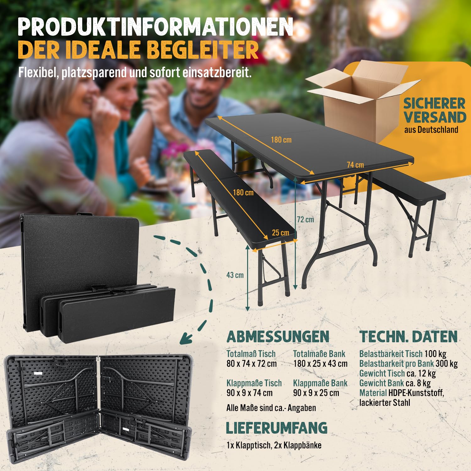 Devillo® Bierzeltgarnitur klappbar 3‑teilig – Tisch 180x74x72 cm + 2 Bänke 180x25x43 cm – Campingtisch, wetterfest & pflegeleicht, Anti‑Rutsch – mit Tragegriffen – für Camping, Garten – Anthrazit
