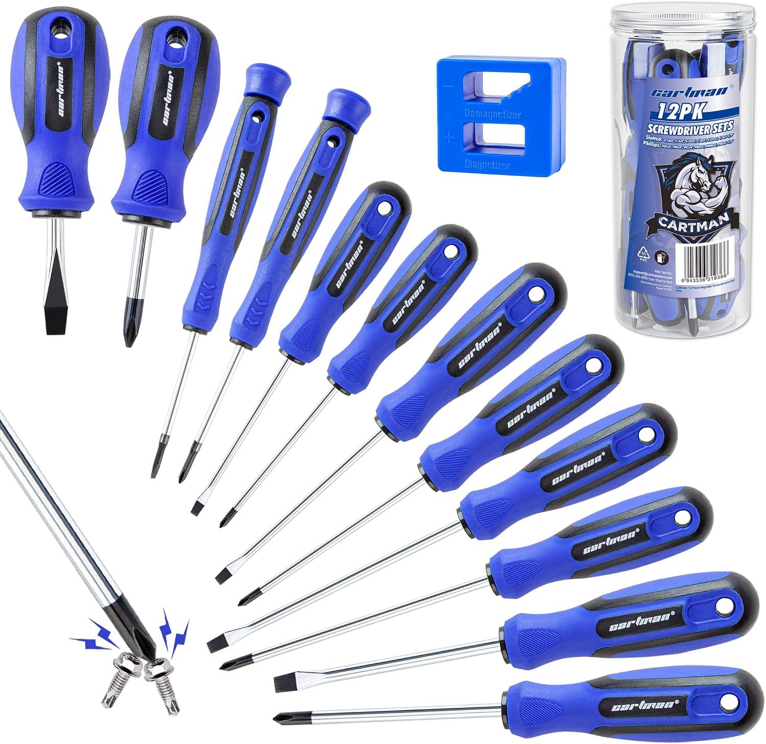 CARTMAN 12 Piece Magnetic Screwdriver Set - 6 Phillips and 6 Flat, Professional Cushion Grip Hand Tools Set