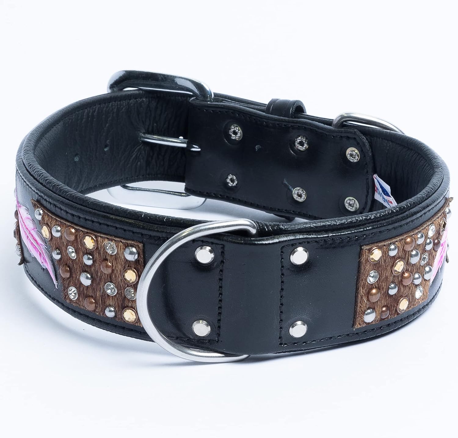 Angel, Sedona Genuine Leather Tooled Dog Collar, 20" x 1", Hand Painted Feather, Mixed Spots, Black and Pink, 100% Argentinean Cowhide, for Neck Size 14"- 17", Angel Elite Collection