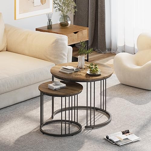 Miniatura 3 de Garden 4 you - Mesa de centro anidada, juego de 2 mesas redondas de 23.6" de centro de madera con marco metálico, mesas de centro para sala de