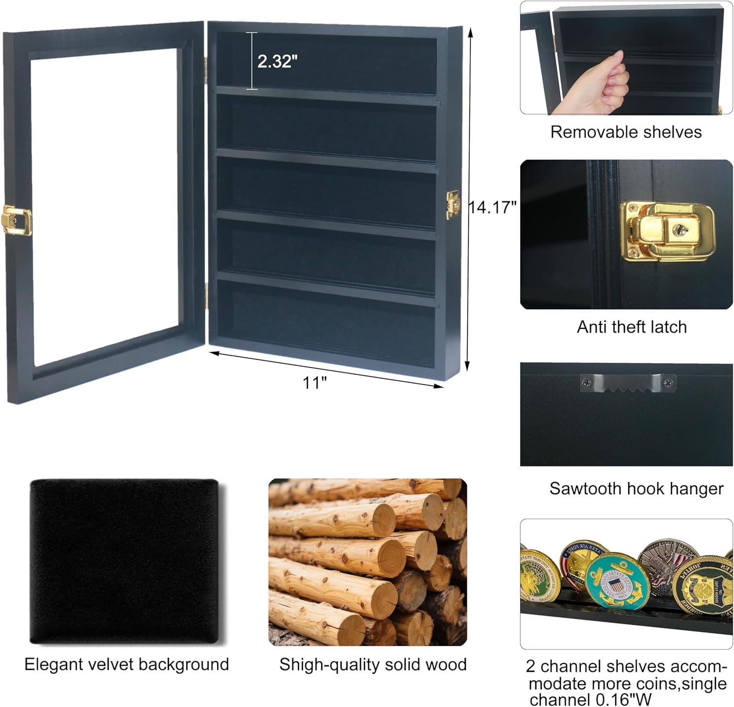 Military Challenge Coin Display Case with Medals Display 11x14IN Shadow Box with HD Toughened Glass, Wall Mount & Removable 2 Grooves Shelves, Coin Holder for Souvenirs, Solid Wood Frame