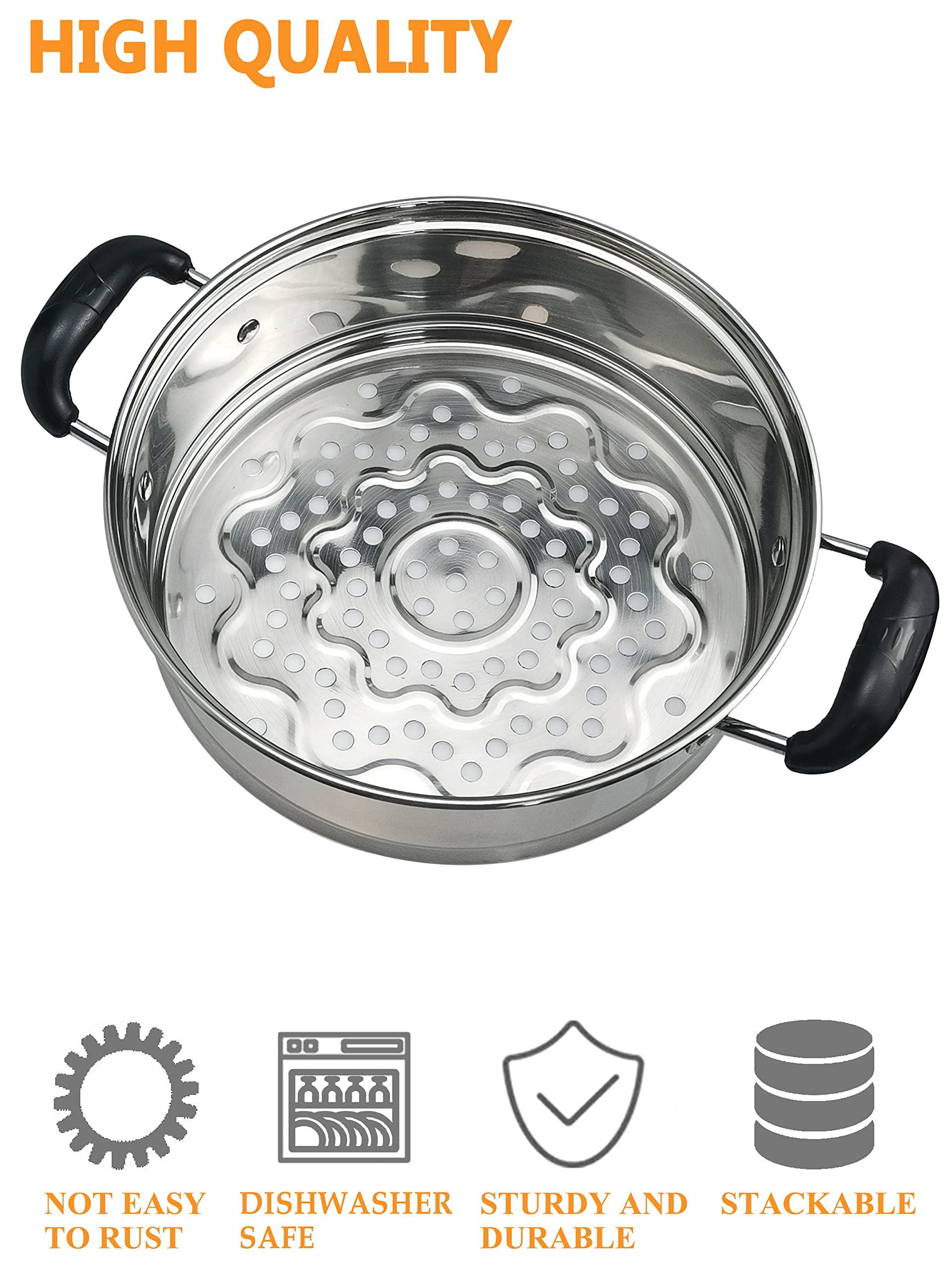 Top-down view of the VENTION Stainless Steel Steamer Basket placed on a metal drying rack, highlighting its perforated bottom and handles.