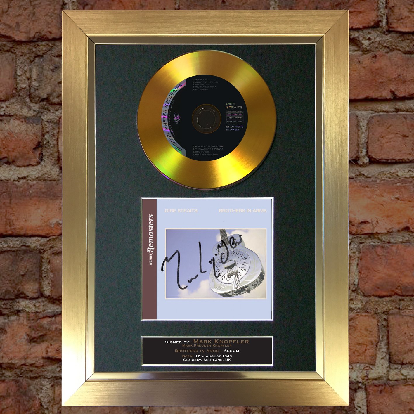 #107 GOLD DISC DIRE STRAITS Brothers in Arms Signed Autograph Mounted Reproduction A4 Print (Gold Frame), Gold,Black, 29L x 21W cm