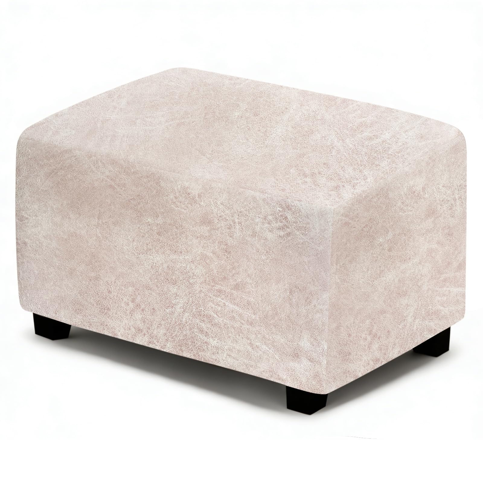 ANARACHON Leather Like Ottoman Cover, Stretch Small Square Ottoman Covers, Rectangular Ottoman Slipcovers with Removable Washable Non-Slip Elastic Bottom for Footstools (02 Beige, Small)