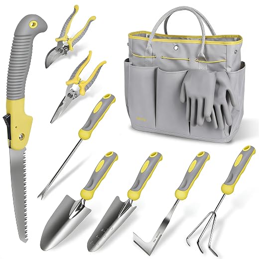 Garden Tool Set, Carsolt 10 Piece Stainless Steel Heavy Duty Gardening Tool Set for Digging Planting Pruning Gardening Kit with Durable Gardening Bag Gloves Gift Box Ideal Garden Gifts for Women Men