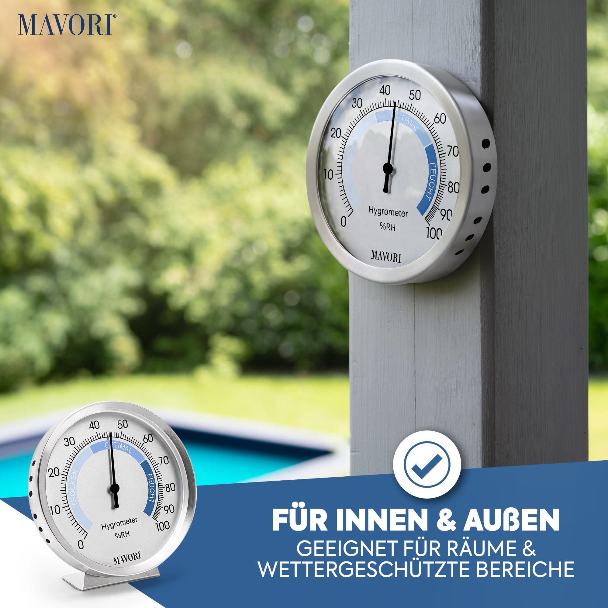 Hygrometer innen analog aus Edelstahl - eleganter & präziser Luftfeuchtigkeitsmesser für ein gesundes Raumklima - umweltfreundlicher batteriefreier Betrieb - Ø 9,5 cm