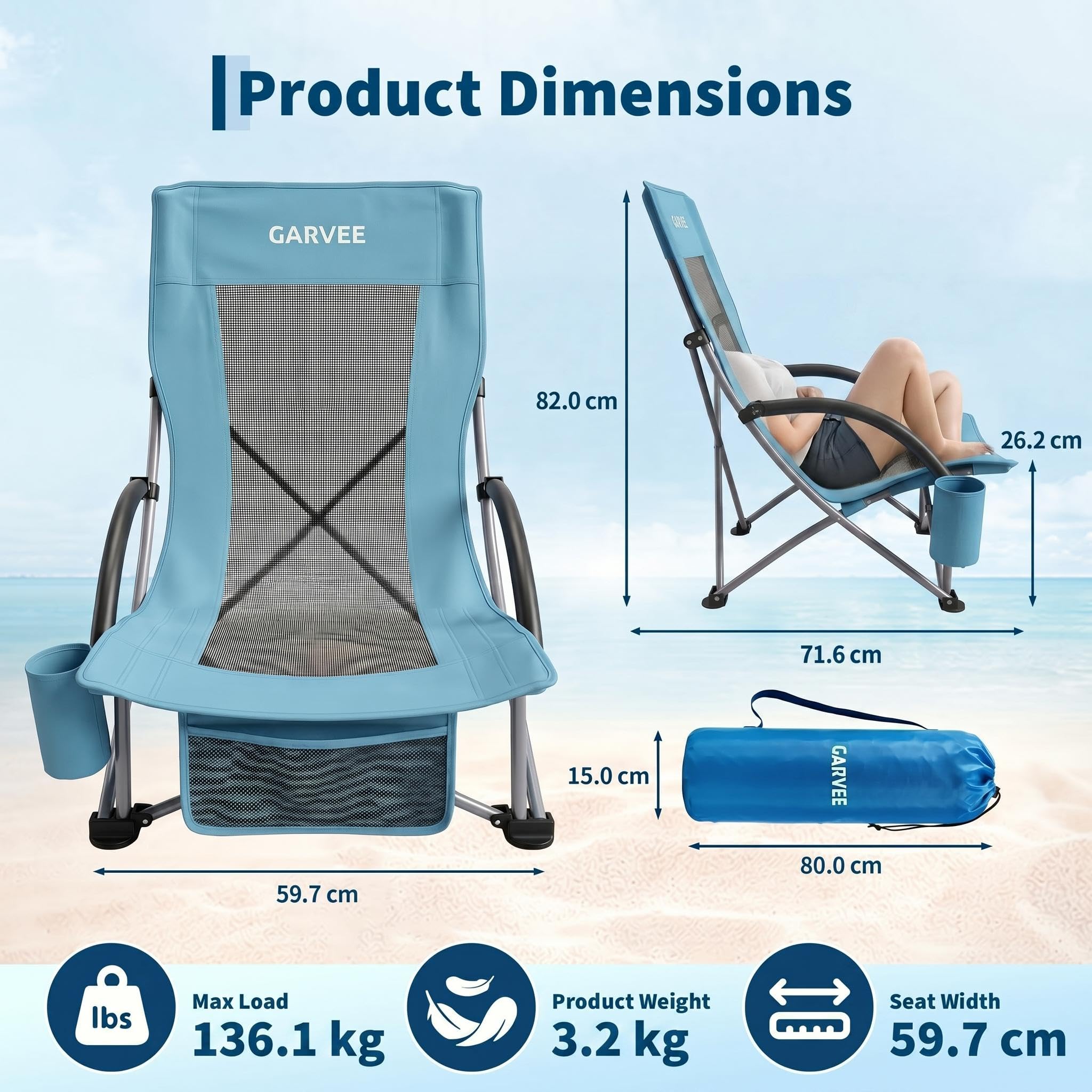 Garvee Set di 2 Sedie da Spiaggia Pieghevoli Leggere - Schienale Alto in Rete Traspirante - Braccioli Imbottiti, Portabicchieri, Tasca Portaoggetti - Struttura in Acciaio fino a 150kg