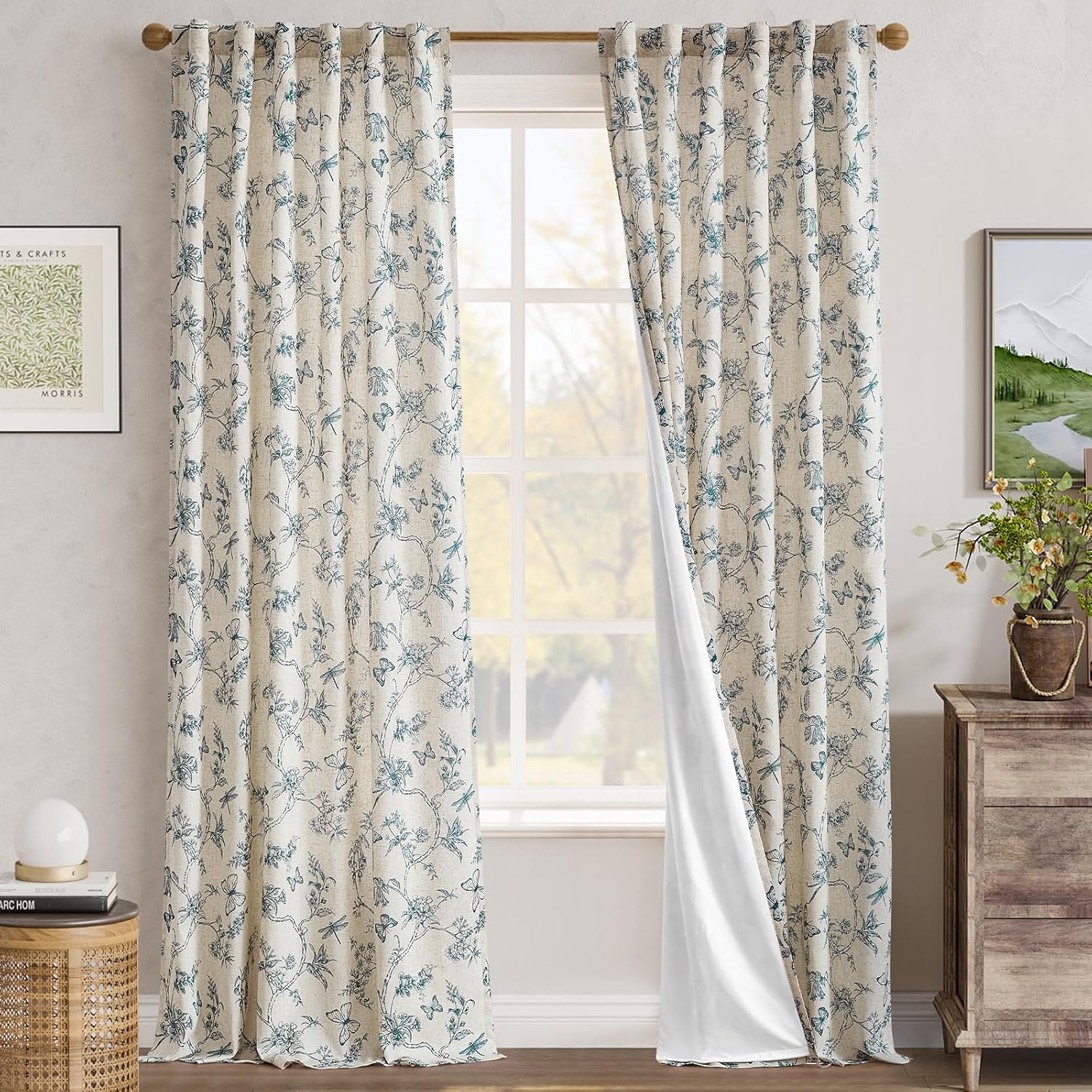 jinchan Floral Curtains Lined Linen Blend Curtains for Living Room 96 Inch Length Blue Flower Patterned Curtain French Country Farmhouse Curtain Drapes Back Tab Rod Pocket 2 Panels 50"W x 96"L (Pack of 2) Lined Floral Blue