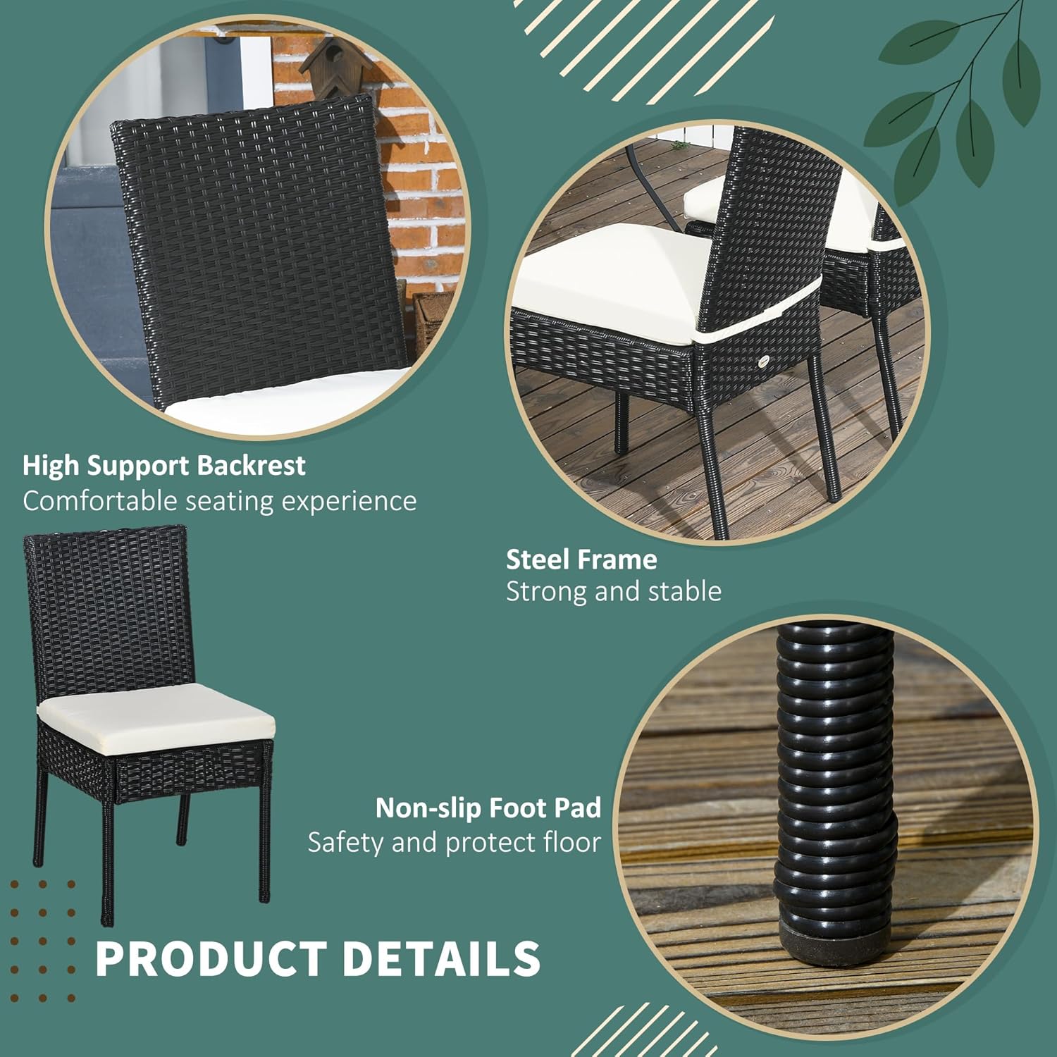 Outsunny 4 PE Rattan Outdoor Dining Chairs with Cushions, Patio Wicker Dining Chairs with Backrests for Porch, Deck, Garden, Black