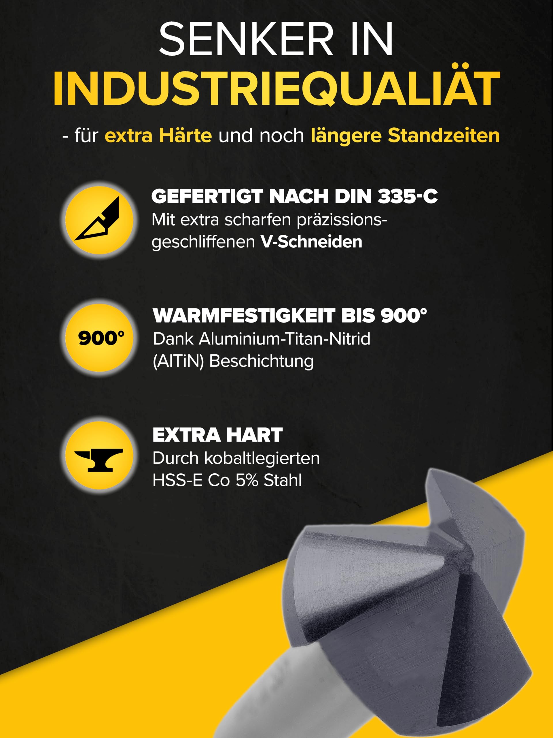 monkeystrong Kegelsenker Set Metall & Edelstahl HSS-E AlTiN 90° 6,3-20,5mm | Industriequalität, AlTiN bis 900°C, HSS-E Co5 Kobaltstahl, extra scharfer V-Schliff, Edelstahl, VA, Stahl, Alu, Kupfer