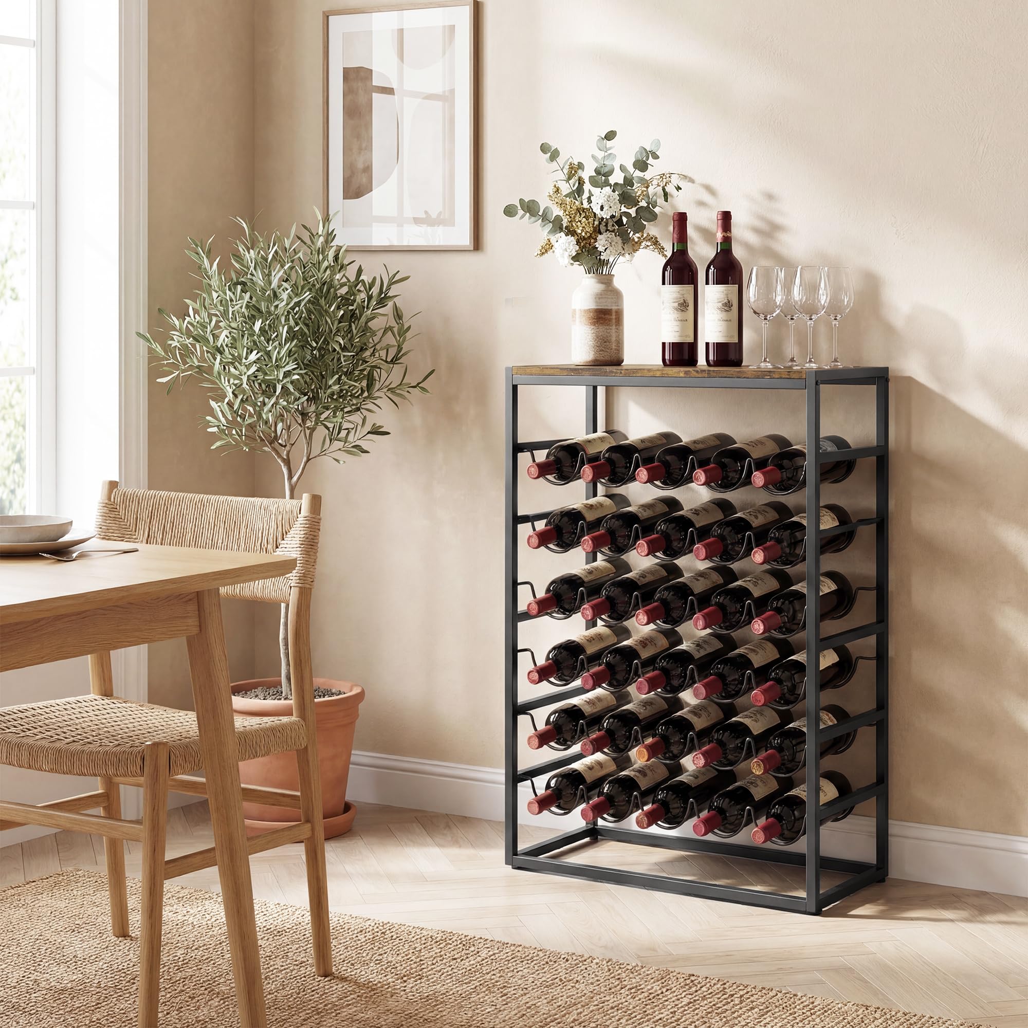 HOMCOM Casier à Bouteilles pour 30 Bouteilles, étagère à vin avec 6 Niveaux avec Plateau Effet Bois, Style Industriel, casier à vin en métal, pour Cave, Bars, sous-sols, 59x30x88,5cm, Brun Rustique